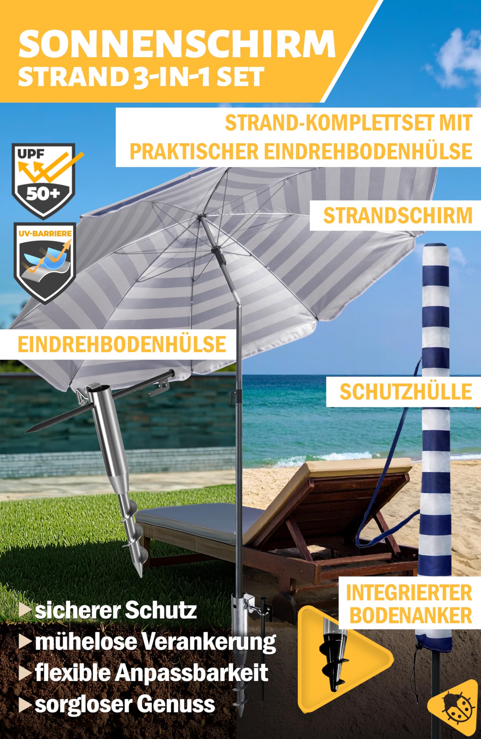 Menz Sonnenschirm Strand in Blau-Weiß - 3er Set inkl. Strandschirm windfest stabil + Rasendorn Sonnenschirmhalter + Sonnenschirmhülle, Sonnenschirm mit Rasendorn, robuster Schirmspieß für Garten
