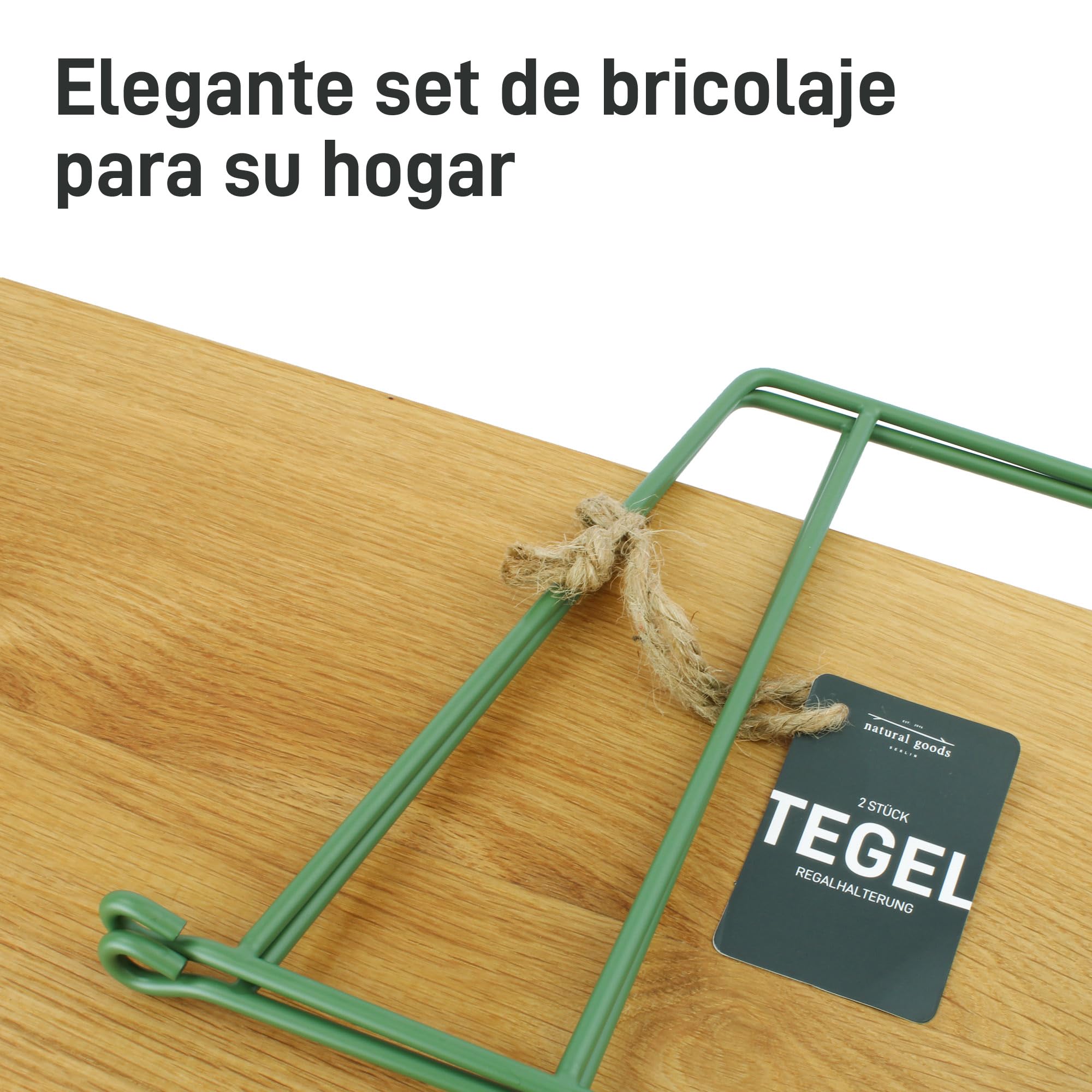 Natural Goods Berlin TEGEL - 2 soportes de pared de metal (8 niveles – 250 mm, verde) para estantes colgantes (escalera de pared) en salón, cocina, baño y trastero