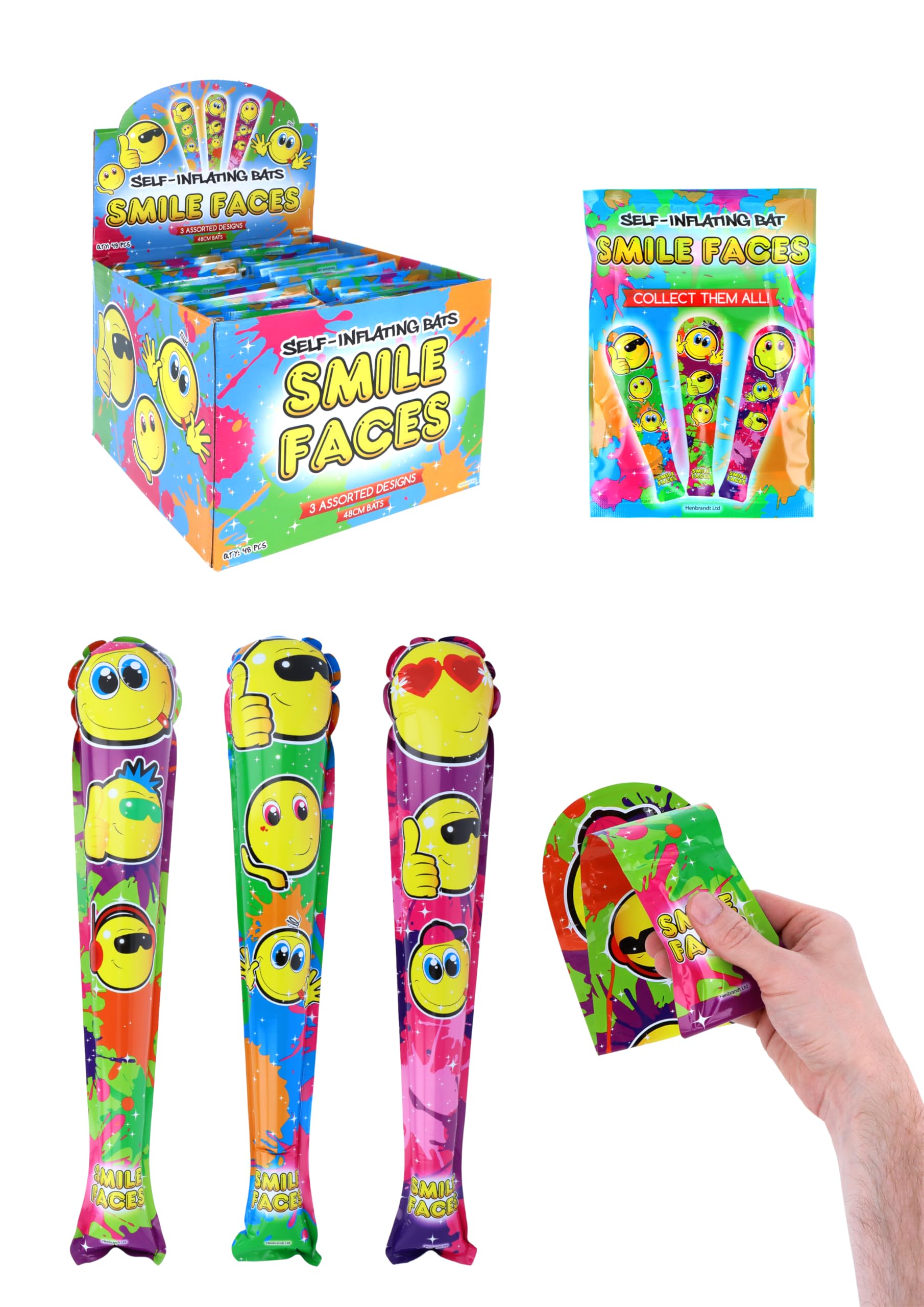HENBRANDT 12 x Self-Inflating Yellow Smile Face Inflatable Baseball Bat 48cm Kids Blow Up Inflatable Toys 3 Assorted Smile Designs Fancy Dress Party Decoration Stocking Filler Party Bag Favours