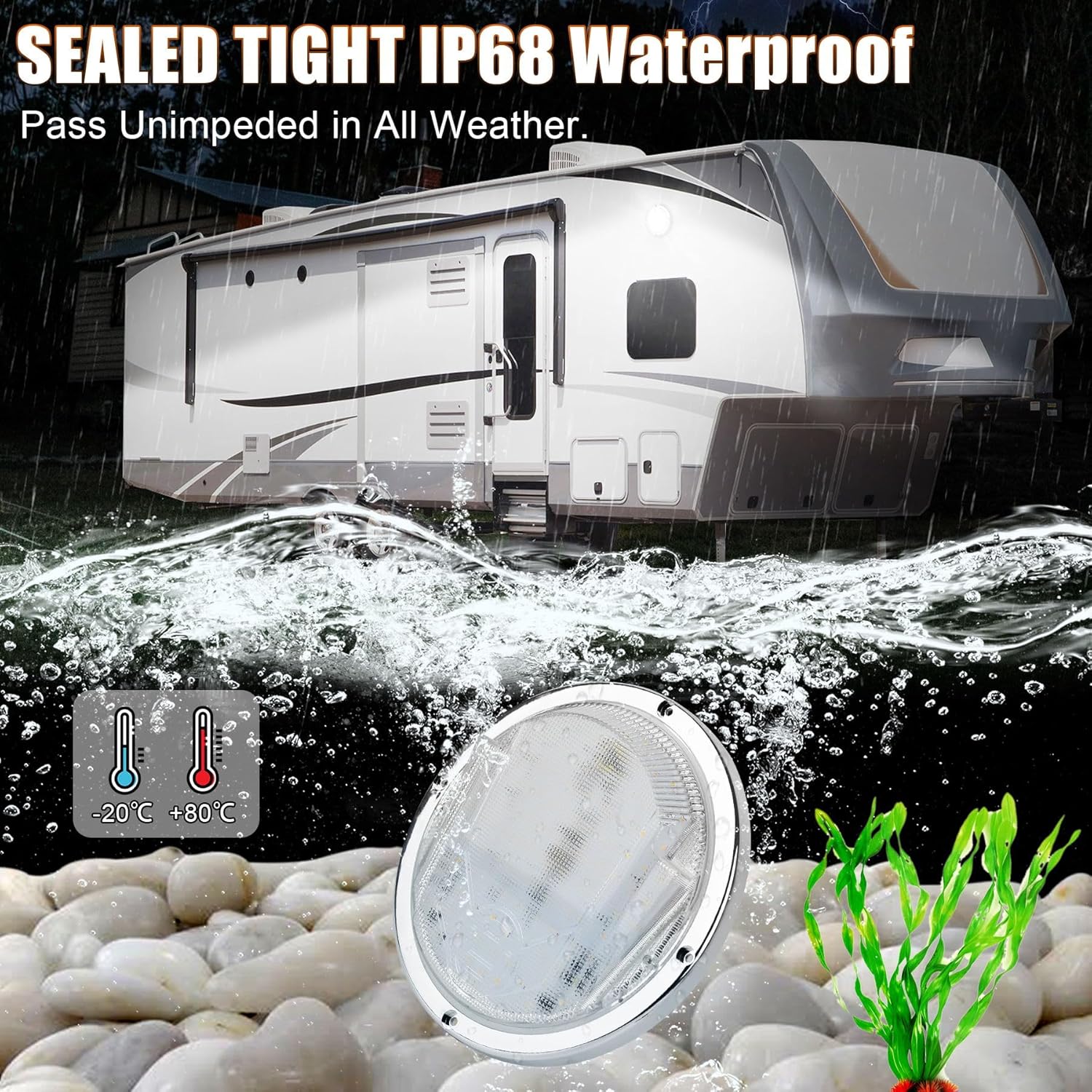 LED RV Exterior Light,8.5 Inch Round Scare Porch Light with 100pcs Dual Color Leds Flood Awning Light Replacement kit Surface Mount Fixture for RV Trailer Fifth Wheel Camper Bus