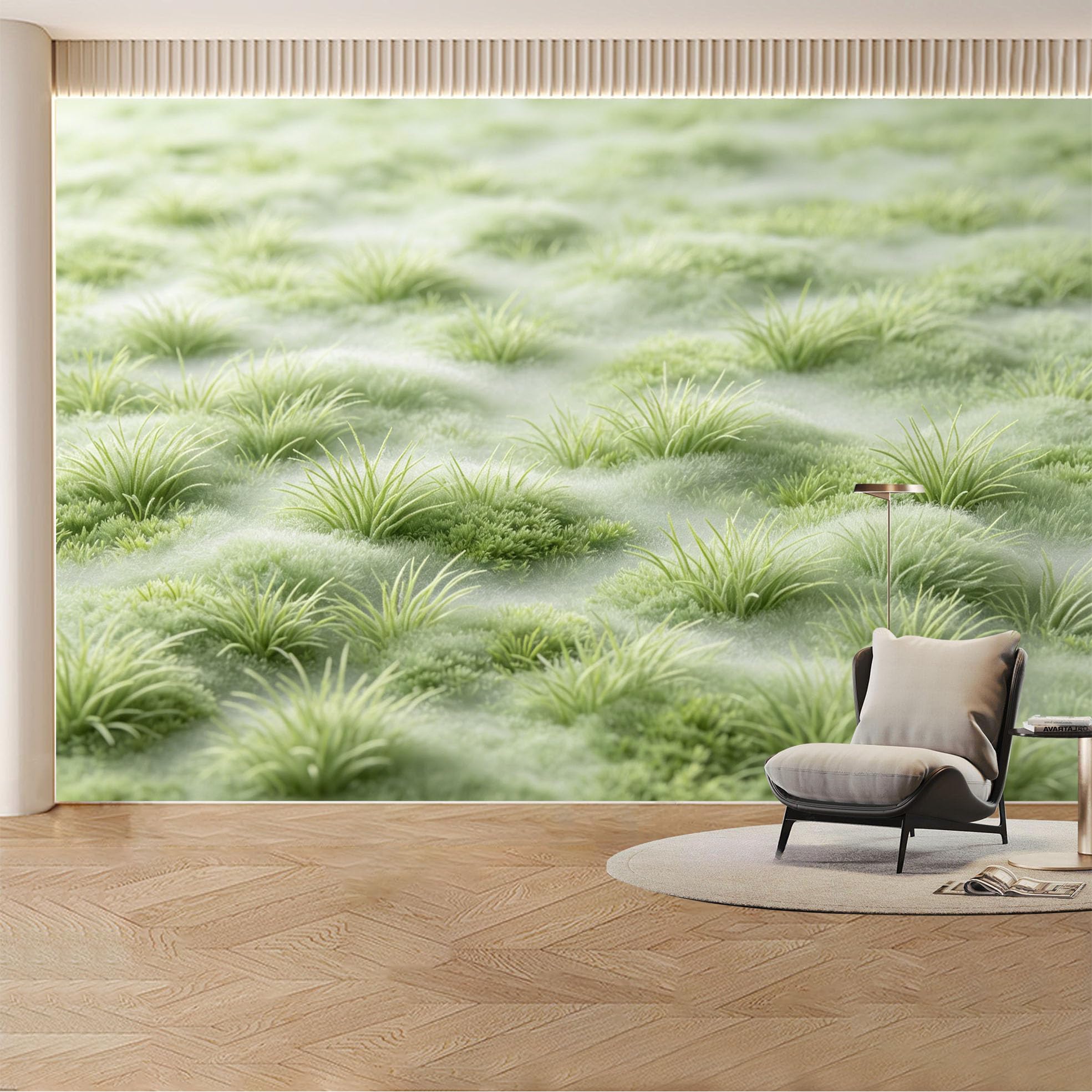 Custom Wall Mural Wallpaper Green Meadow Nature 3D Effect Wall Decor Large Wall Art Minimalist Misty Removable SelfAdhesive Large Photo for Living Room， Bedroom， Office