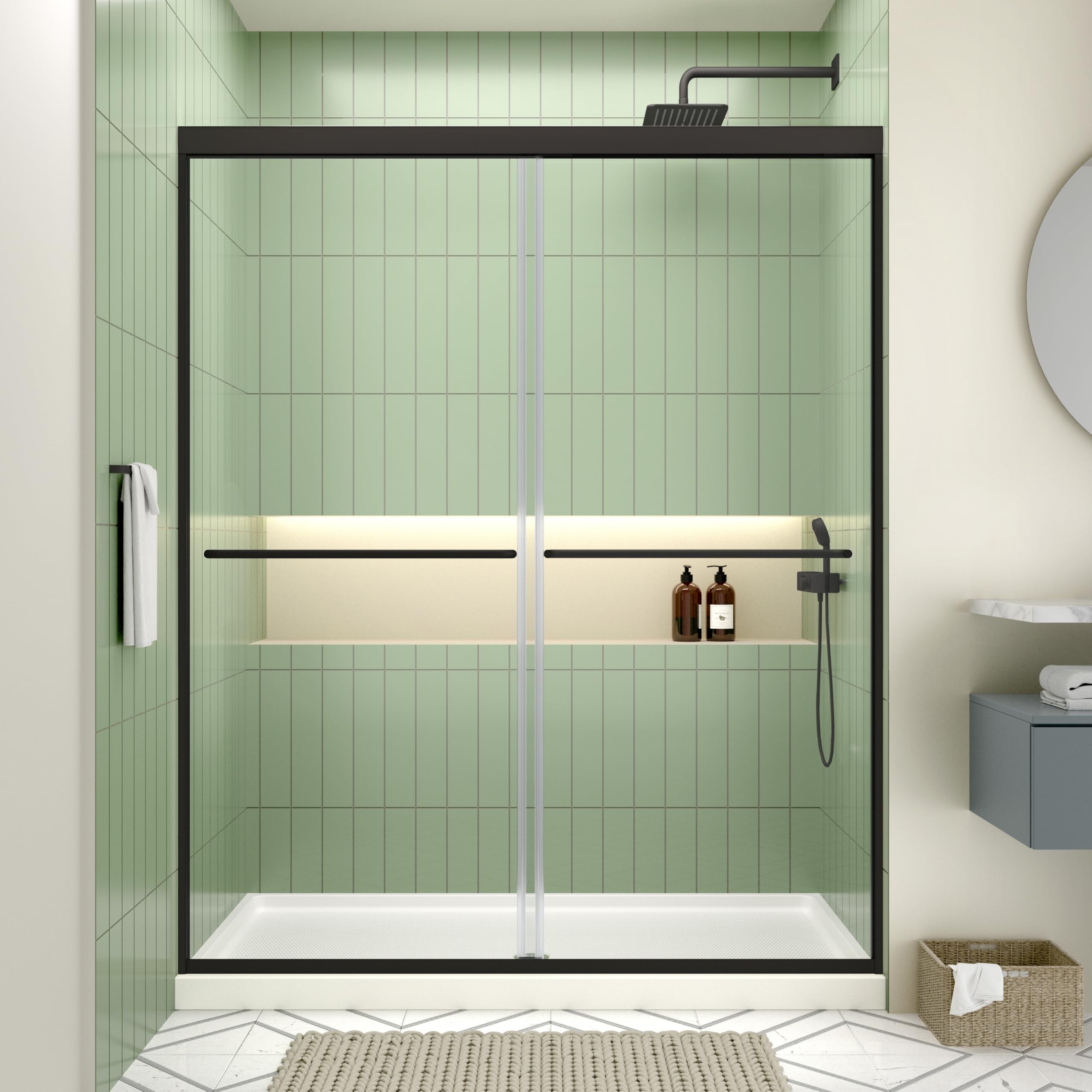 View 1 of (Glass parts only) |||ACE DECOR Double Sliding Shower Door, 60" W x 70" H, Matte Black