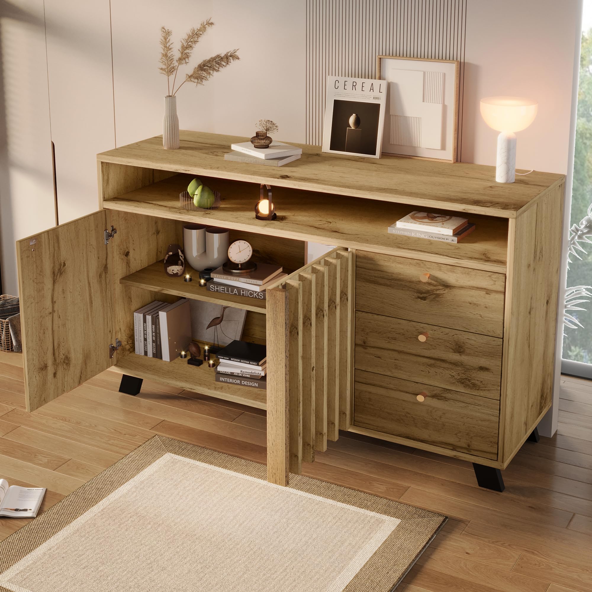 Merax Buffet avec compartiment ouvert et façade à lamelles, 3 tiroirs 2 portes, buffet en bois avec étagères réglables en hauteur, style vintage, chêne foncé/120x40x85 cm