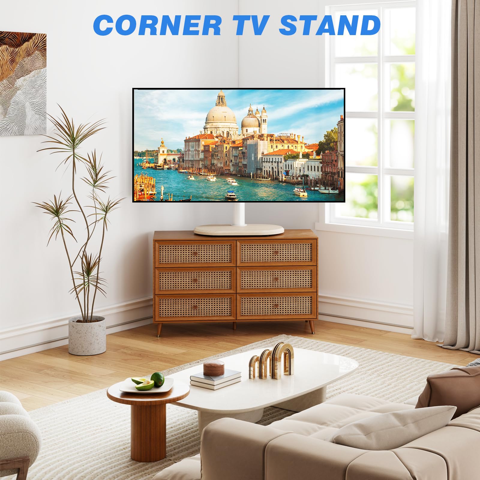 TVON Support TV sur Pied pour Téléviseurs de 26 à 55 Pouces 40kg Max | Pied de Télé Universel sur table, socle bois épais, hauteur pivotable ajustable, montage facile, Max VESA 400x400 mm