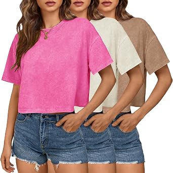 Womens Cropped Tops Acid Wash Short Sleeve T-Shirt Baggy Cotton Tee Vintage Round Neck Basic Tees Casual Shirts