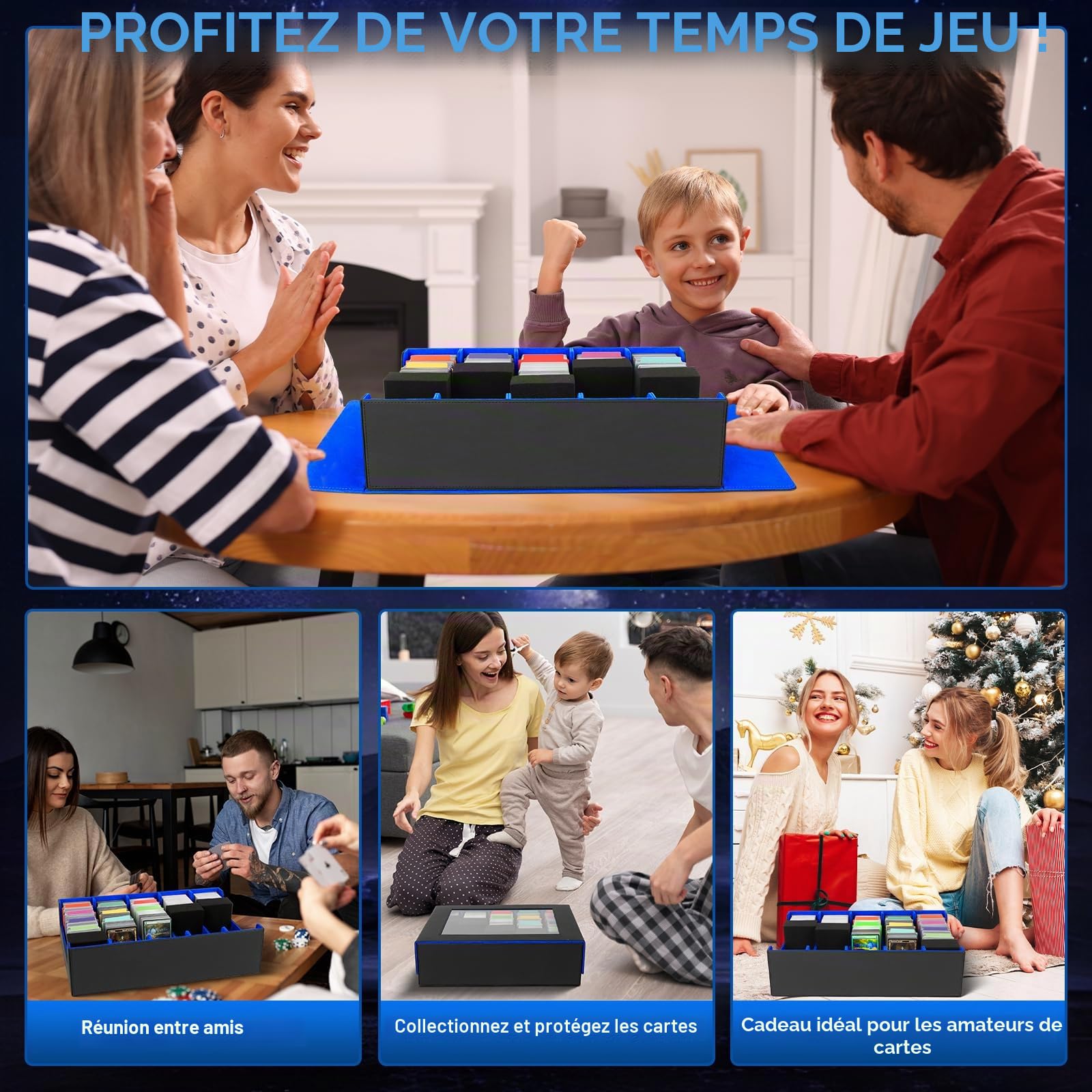 AOBOPLE Boîte de 5 Rangées Rangement de Cartes Pour 3900+ Cartes, Avec 48 Intercalaires et 5 Supports en Mousse, Boîte Rangement Carte Magnétiques de Qualité Supérieure,Rangement Cartes de Sport(Bleu)