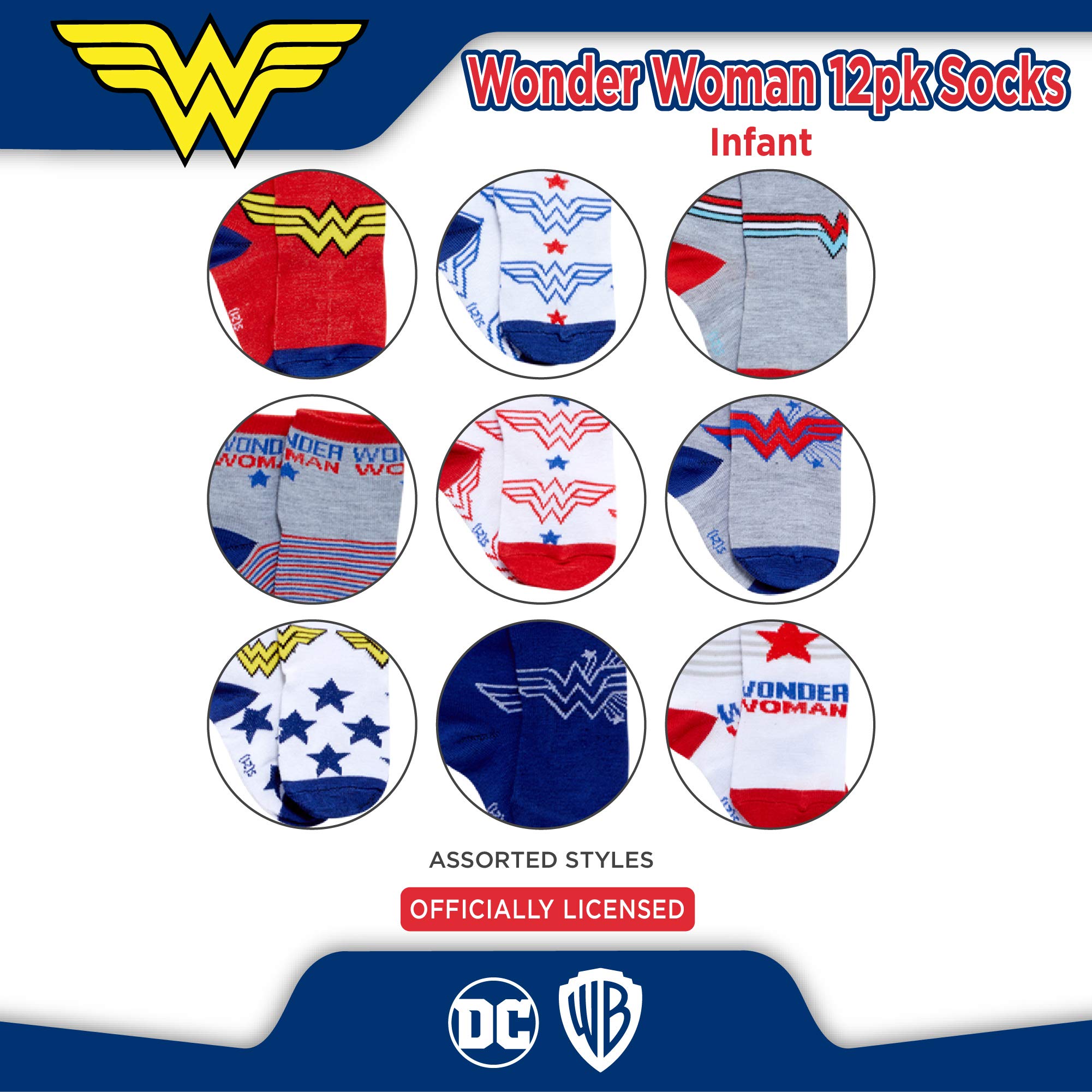 DC Comics Infant Girls' Socks - 12 Pack Low Cut Superhero Socks: Bat Girl, Super Girl, Wonder Woman, Size 6-12 Months, Wonder Woman