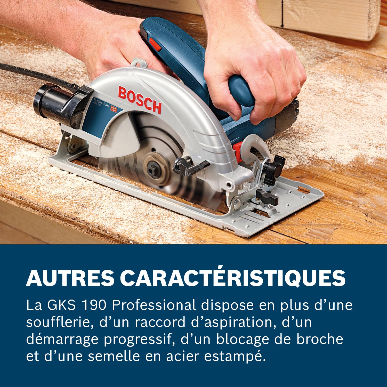 Bosch Professional scie circulaire GKS 190 (puissance 1 400 W, lame de scie : 190 mm, profondeur de coupe : 70 mm, avec lame au carbure, adaptateur d’aspiration, butée parallèle, clé six pans mâle)
