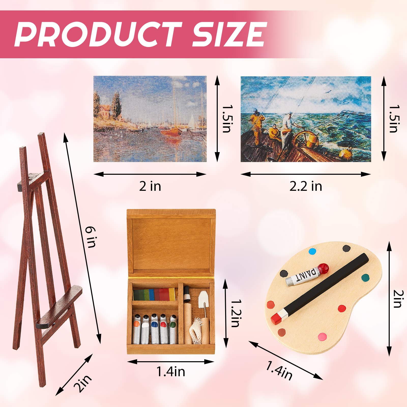 Juego de accesorios de pintura de casa de muñecas de 3 piezas, caballete de madera, paleta en miniatura, caja de acuarela para muñecas 2