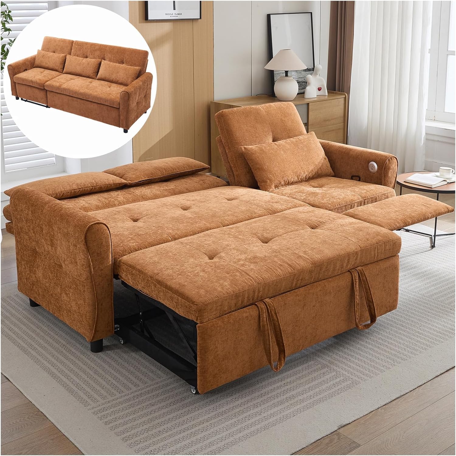 Recliner Sofa Bed, 2-in-1 Convertible Couch with Pull Out Bed and Reversible Recliner, Chenille Multi-Functional 3-Seater Sofa with USB Ports for Living Room Apartment, Orange