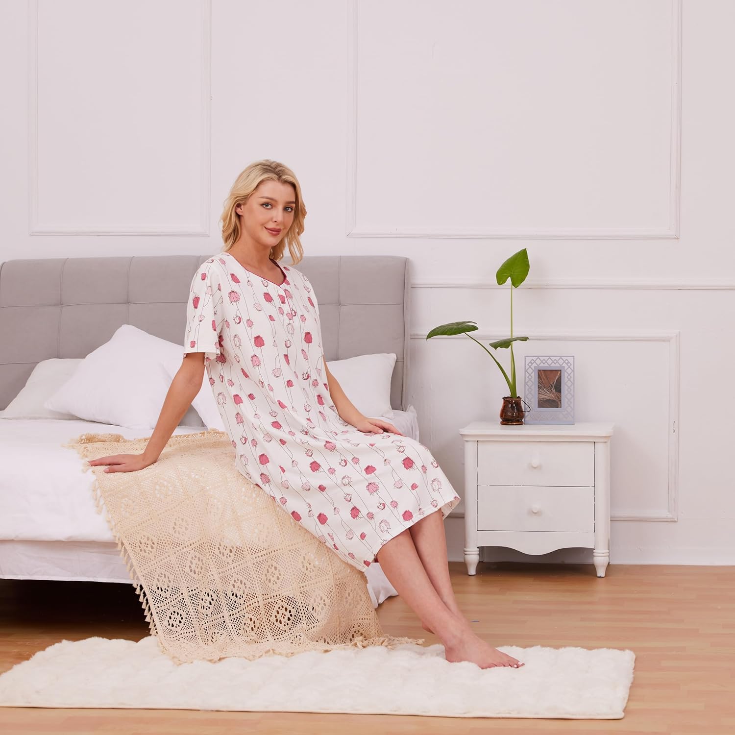 Keyocean Womens Nightgown for Summer - Soft Cotton Comfortable Short Sleeve Lightweight Floral Sleepwear & Loungewear (M-XXL) - Image 4