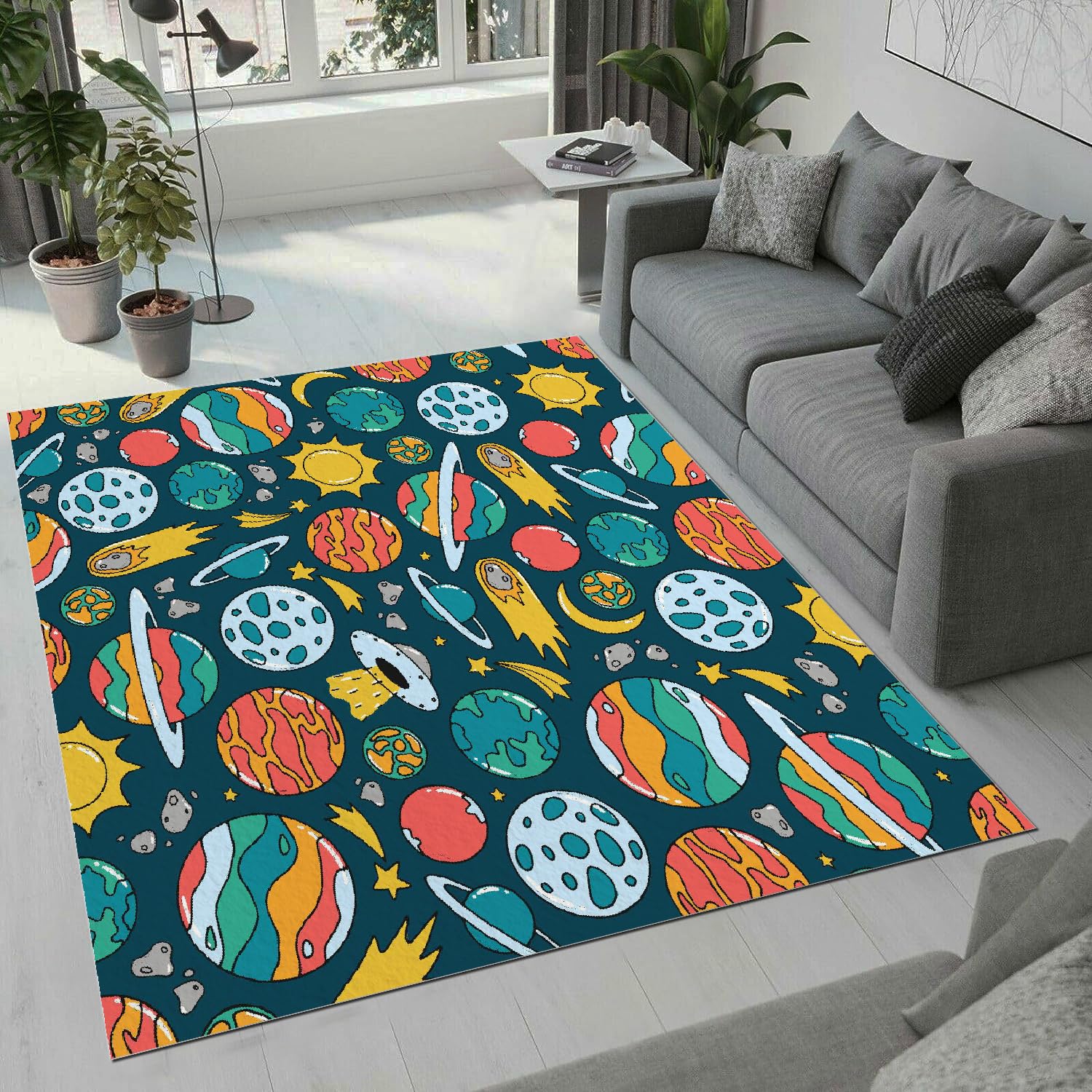 Tapis univers salon et chevet au motif planète 3D