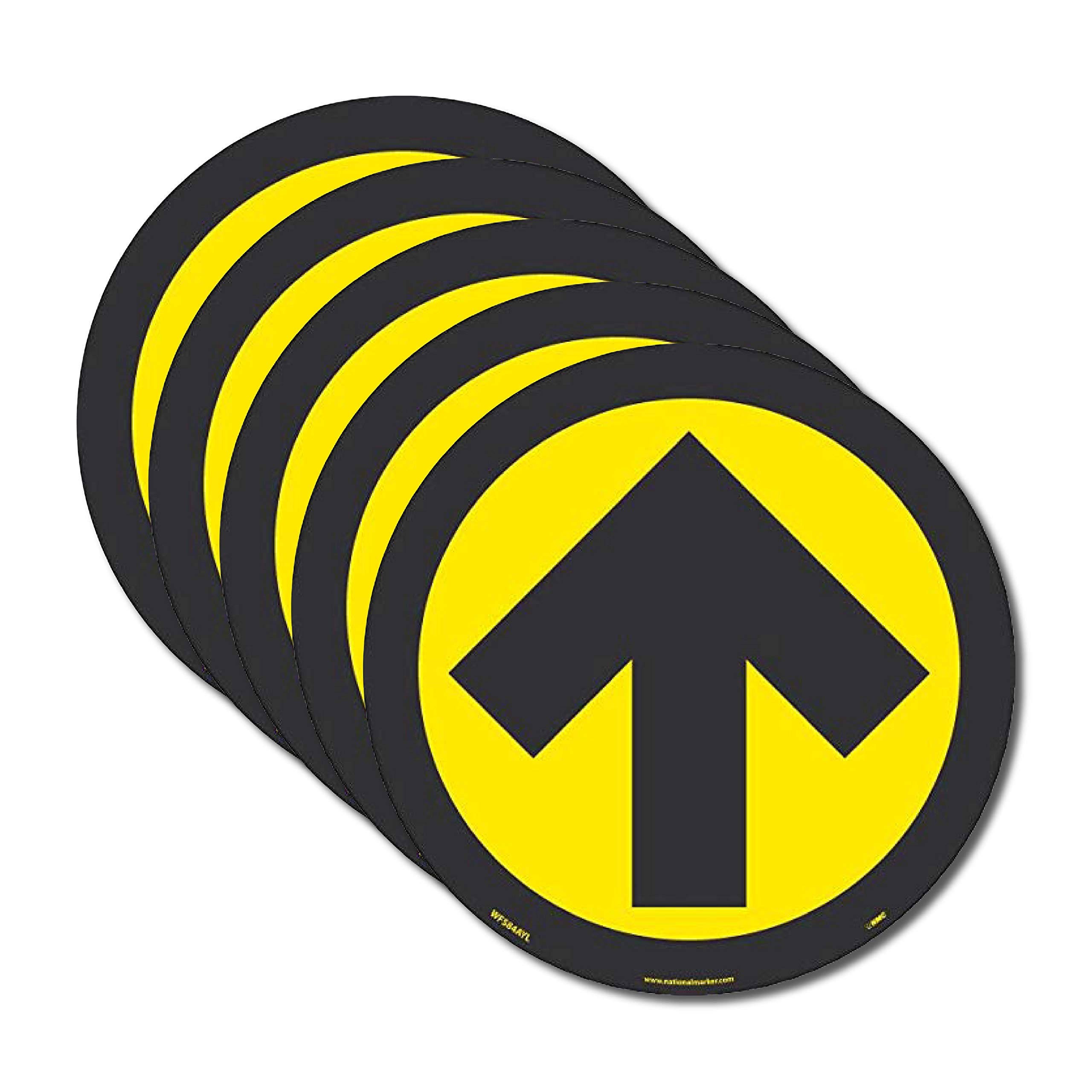 NMC WFS84YL10 Arrow Graphic, Yellow On Black, Walk On Floor Sign, 8 In Diameter,Pressure Sensitive Vinyl Non-Slip, Pack Of 10, Social Distancing