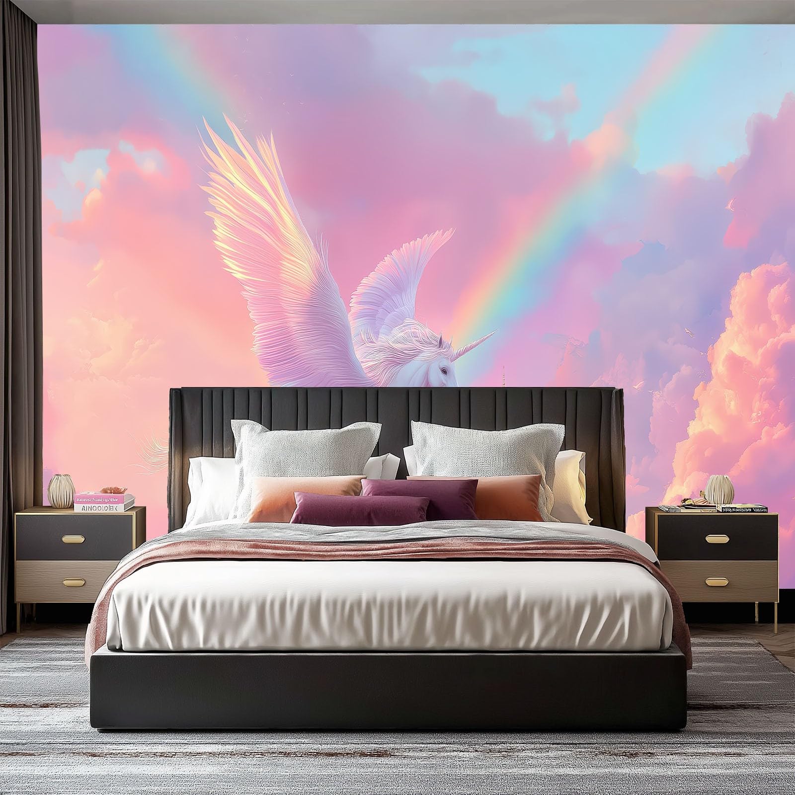 Tapeta 3D fioletowy 300 x 210 cm - fototapeta kreskówka jednorożec niebo zamek do pokoju dziecięcego nastolatka, włóknina łatwa do nałożenia dekoracja pokoju zabaw