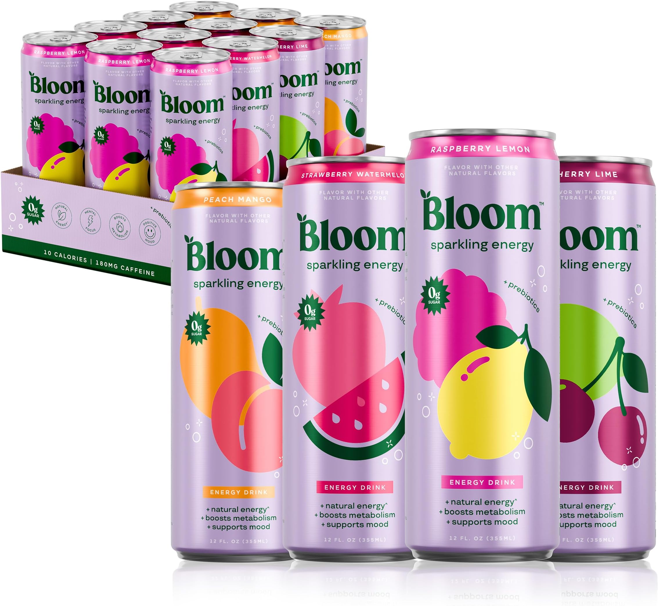 Bloom Sparkling Energy Drink - Natural Caffeine, No Sugar, 180 mg Caffeine - Antioxidant Rich with Green Coffee Bean, Green Tea Extract, Prebiotics - Wellness Drink for Focus and Metabolism