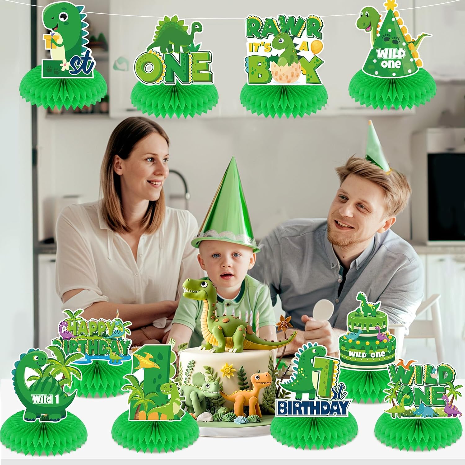 Dinosaur 1st Birthday Decorations for Kids 10 Pcs Green Dinosaur 1st Birthday Honeycomb Centerpieces for Table Decor Dragon 1st Birthday Table Topper for Baby Show 1st Birthday Party Supplies