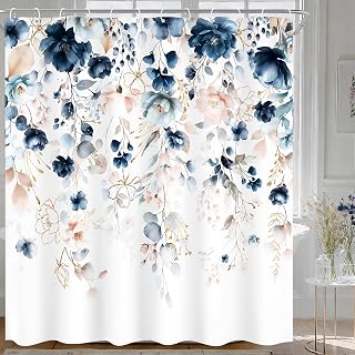 Blue Pink Floral Extra Long Rustic Bathroom Shower Curtain Set