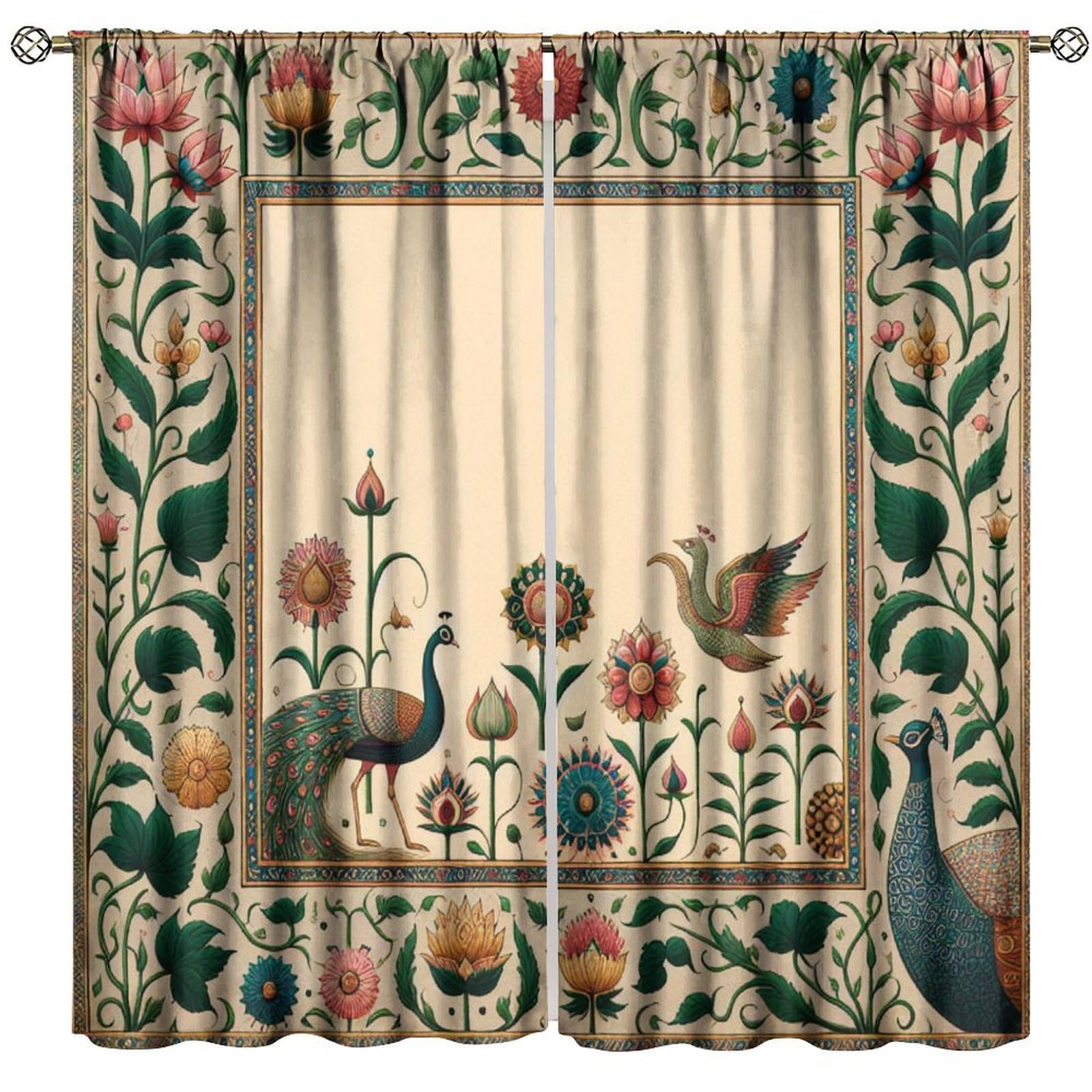 BenYaSong Peacock Blackout Window Curtain Create Minimalistic Frame Pahari Motifs Lotus Surface Print for Home Kitchen Livingroom Coffee Room Window Drapes 2Panel 84" W X 84" L