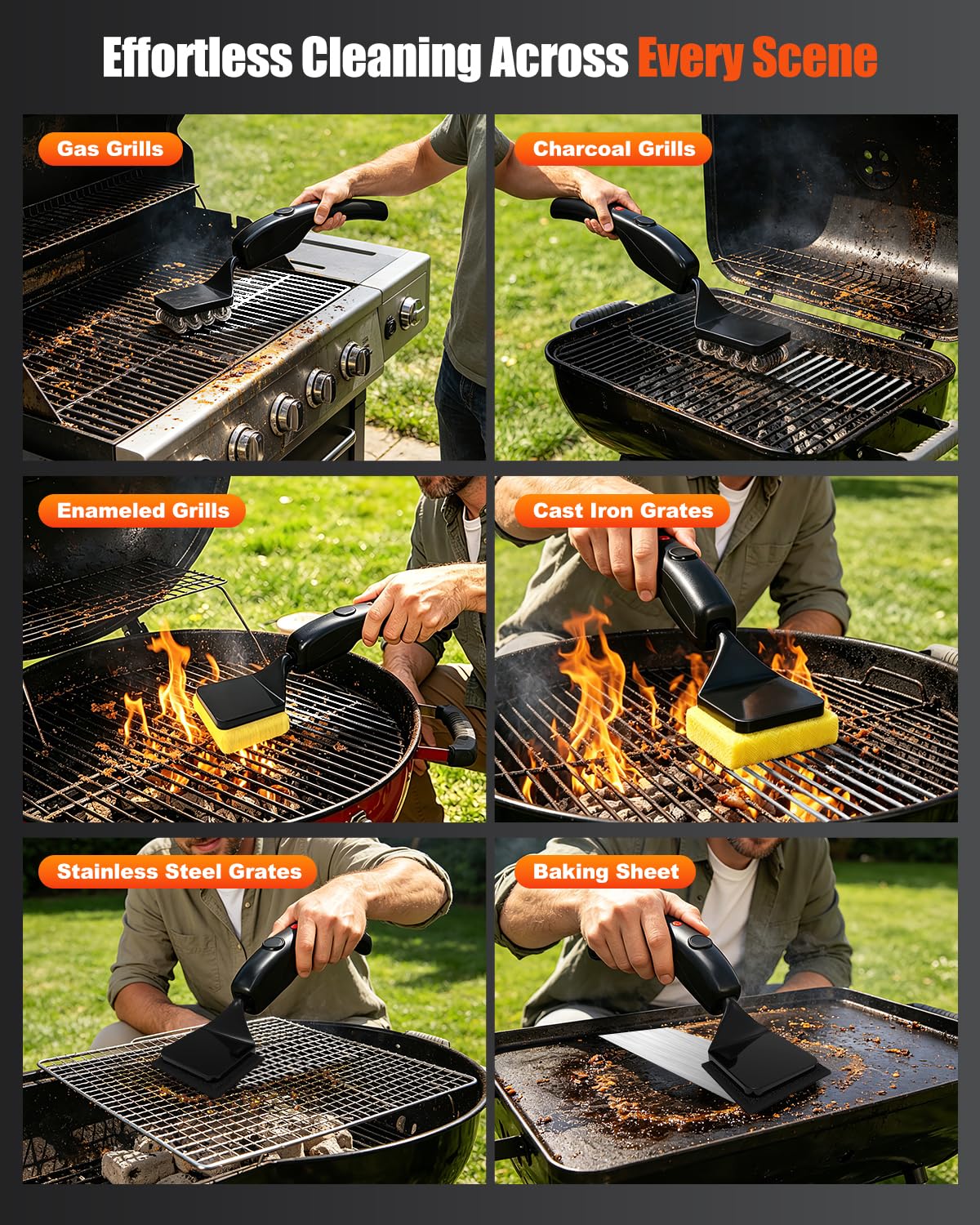 Elektrische Grillbürste mit Bürstenloser Motor, 3-in-1 Grillreiniger Elektrisch Set für Gasgrill & Holzkohlegrill, Inkl. 3 Arten von Ersatzköpfe, Geeignet für Edelstahl, Gusseisen und Emaillierung