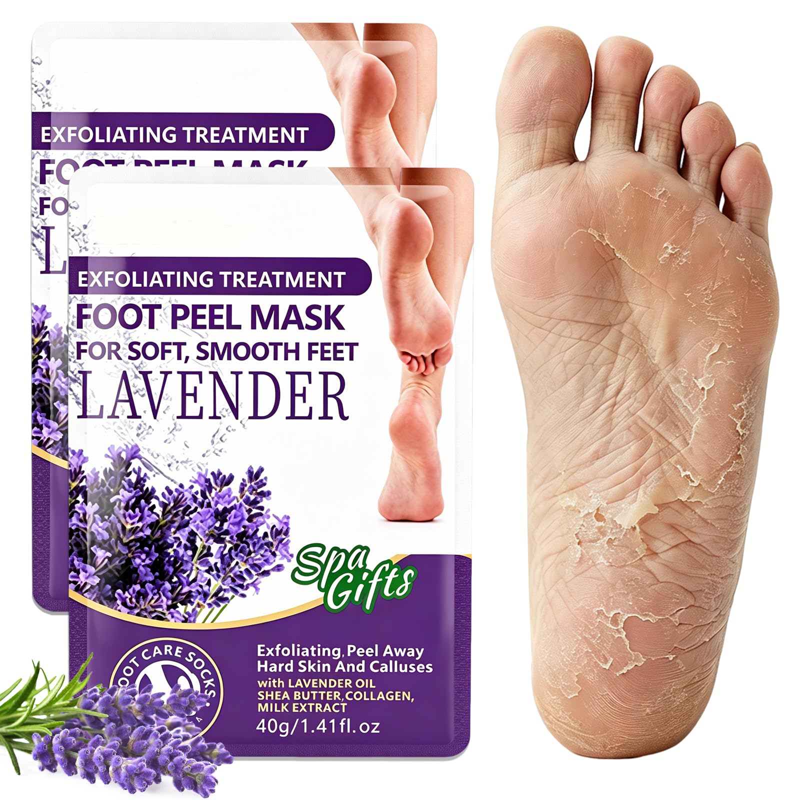 2 Paia Maschera Piedi Esfoliante, Peeling Piedi Idratante, Cura dei Piedis Secchi e Talloni Screpolati, Calzini Nutrienti con Olio, Per i Piedis Per Uomini e Donne (Lavanda)
