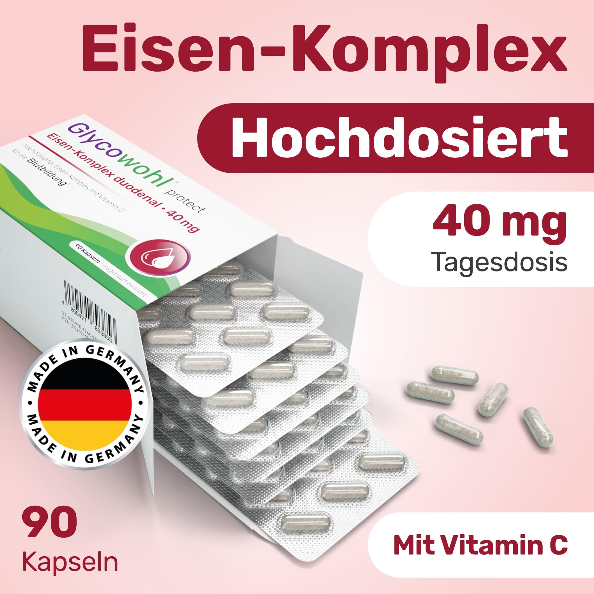 Glycowohl Eisen-Komplex duodenal – 40 mg Eisen + Vitamin C – 90 Kapseln | 4 bioaktive Eisenformen · Vitamin C erhöht die Eisenaufnahme · Sehr magenschonend