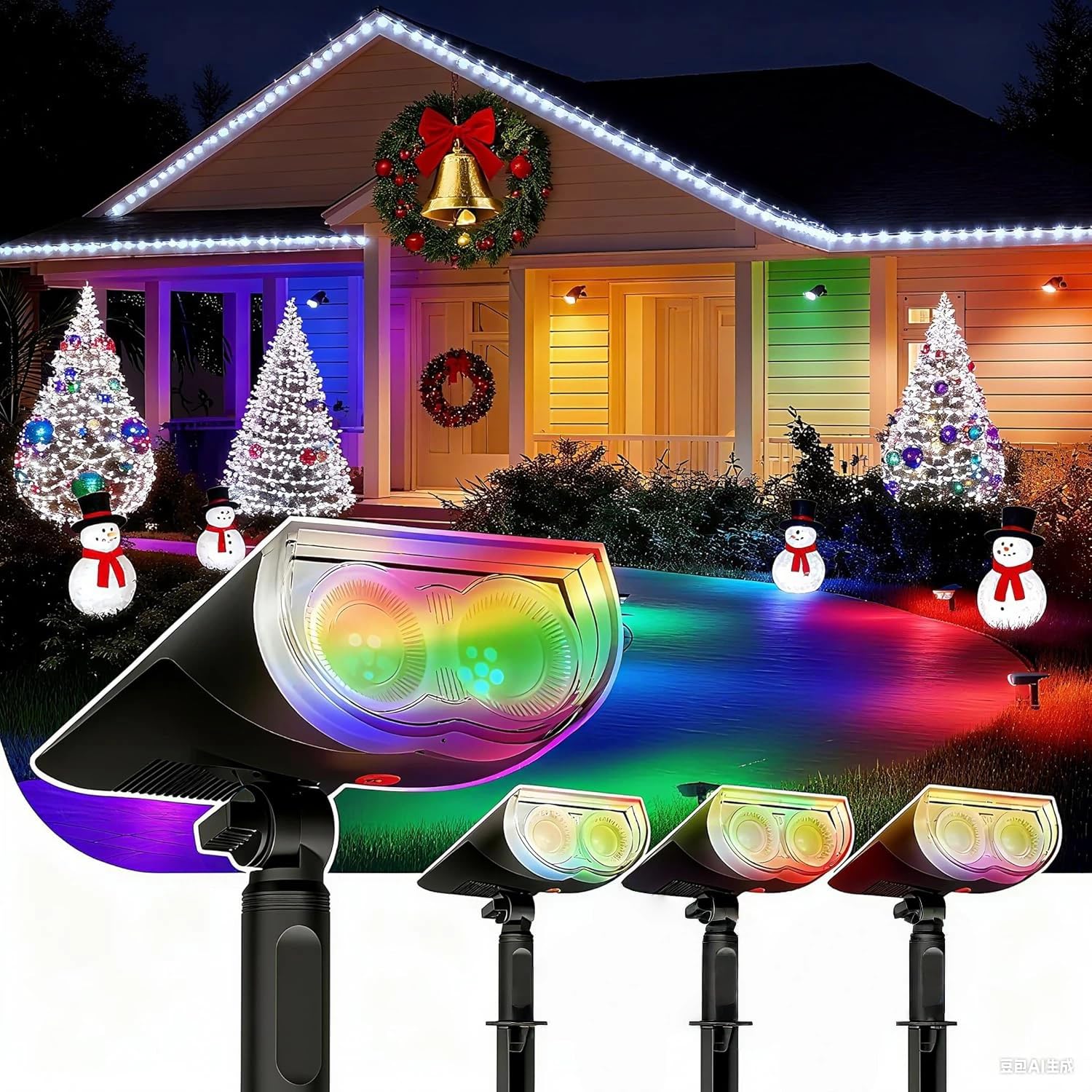 Linkind RGB lámpara solar para exteriores, luz solar de colores con 10 modos de luz,IP67 impermeable Lampara Exterior 2 en 1 de montaje foco solar para Halloween Navidad, 4 piezas
