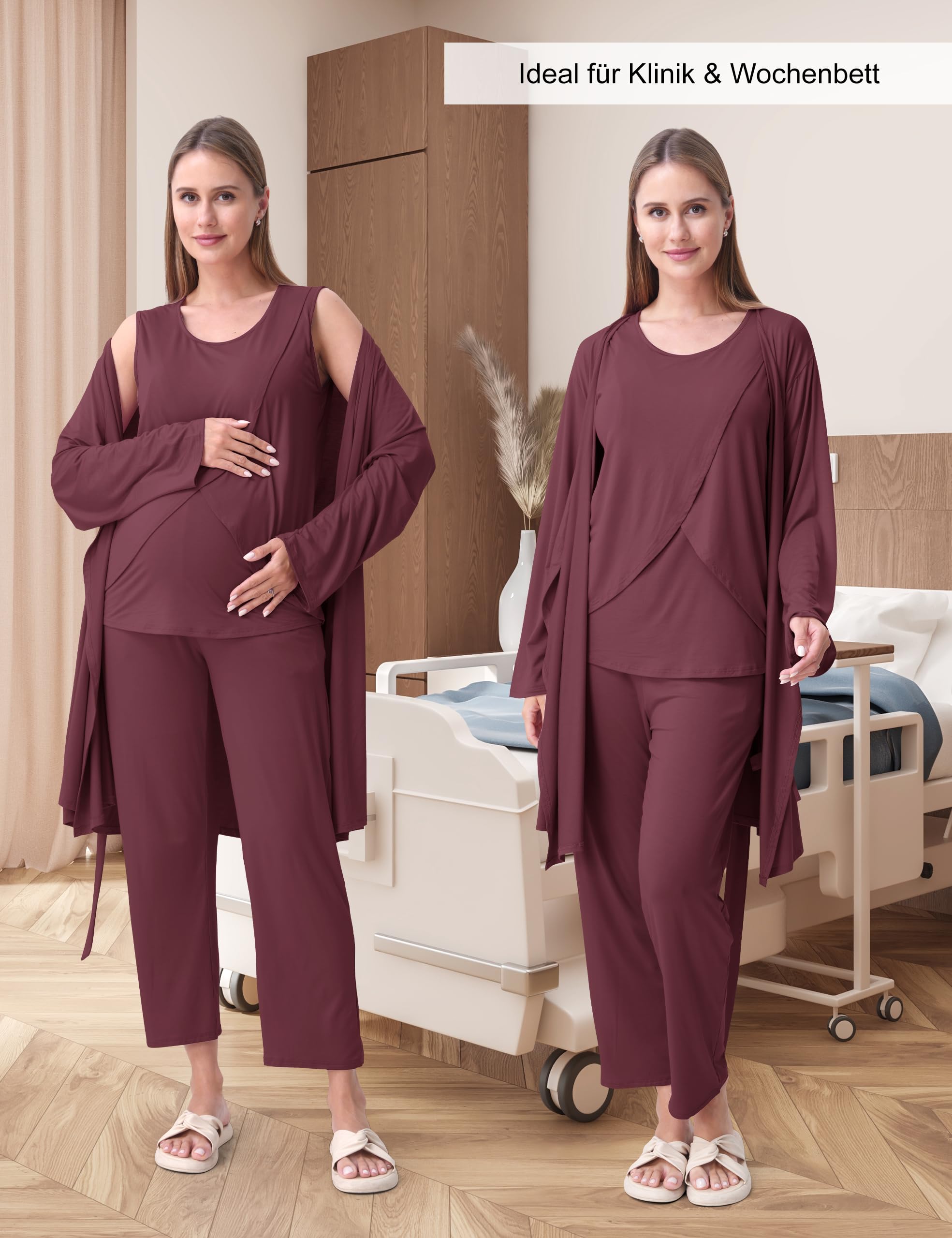 SUNNYBUY 4-teiliges Umstands Stillpyjama Set mit Kimono, unsichtbares Stillen, für Zuhause & Freizeit, Schwangerschaft & Stillzeit
