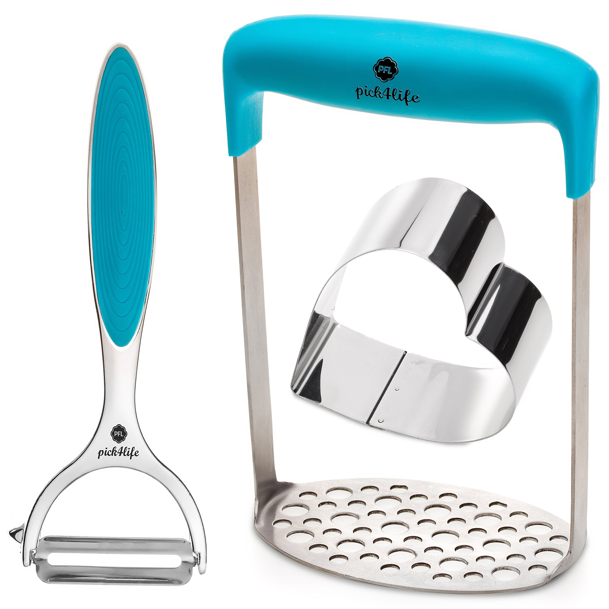 Stainless Steel Potatoes Masher for Fruit Vegetable Baby Food | Potatoes Peeler | Heart Shaped Food Plating Ring + eBook with Delicious Recipes