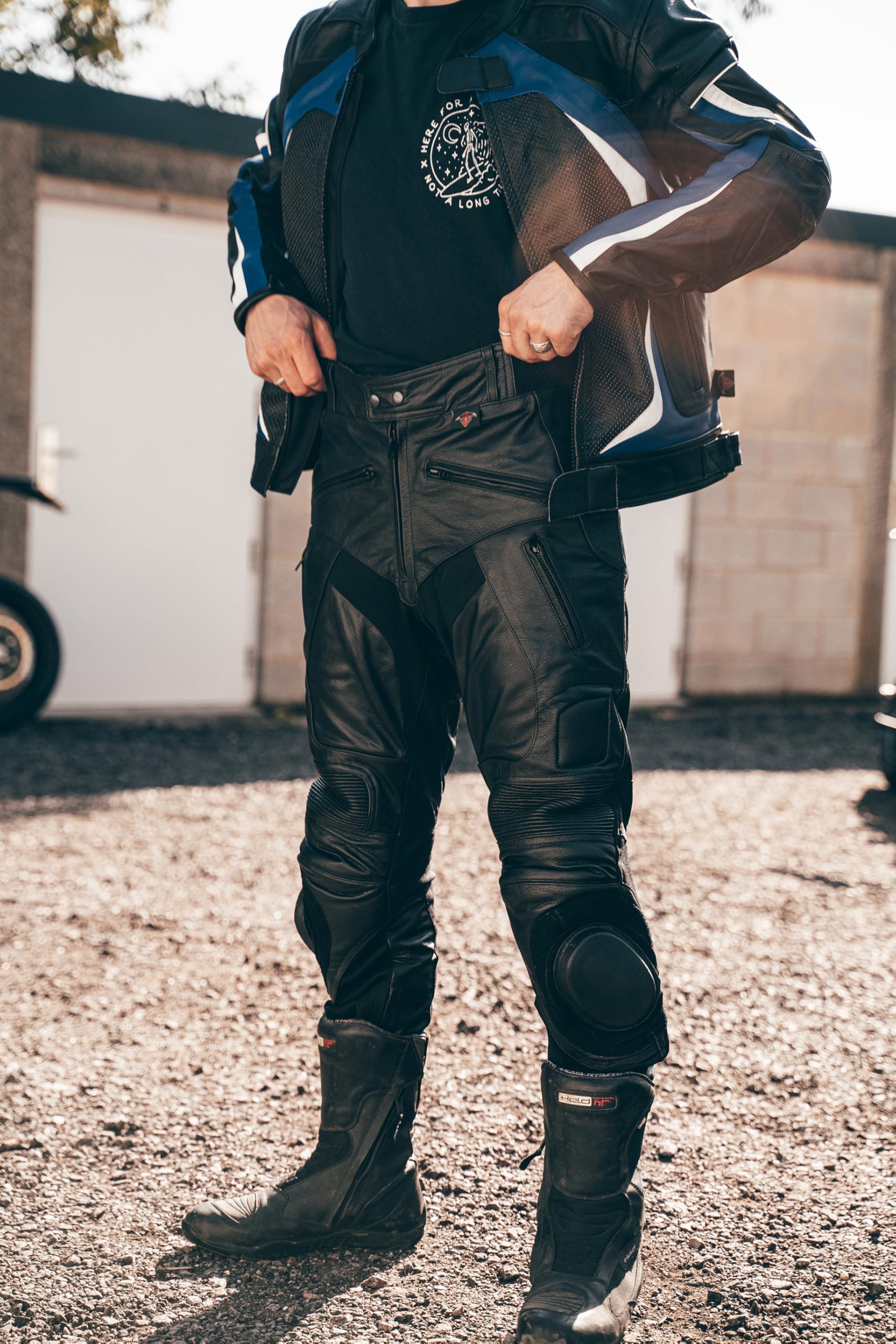 Texpeed – pantaloni da moto in pelle per uomo con protezioni – nero – pelle pieno fiore con sliders, protezioni EN 1621-1 - L Girovita/Gamba Lunga