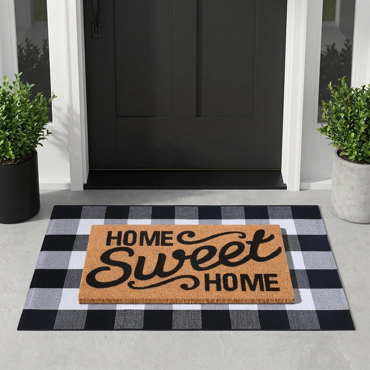 Home Sweet Home Doormat Set, 2-Piece Layered Front Porch Mat Combo, Natural Coir Welcome Mat with Black and White Buffalo Plaid Rug, Farmhouse Outdoor Entryway Decor for Porch, Patio, Home
