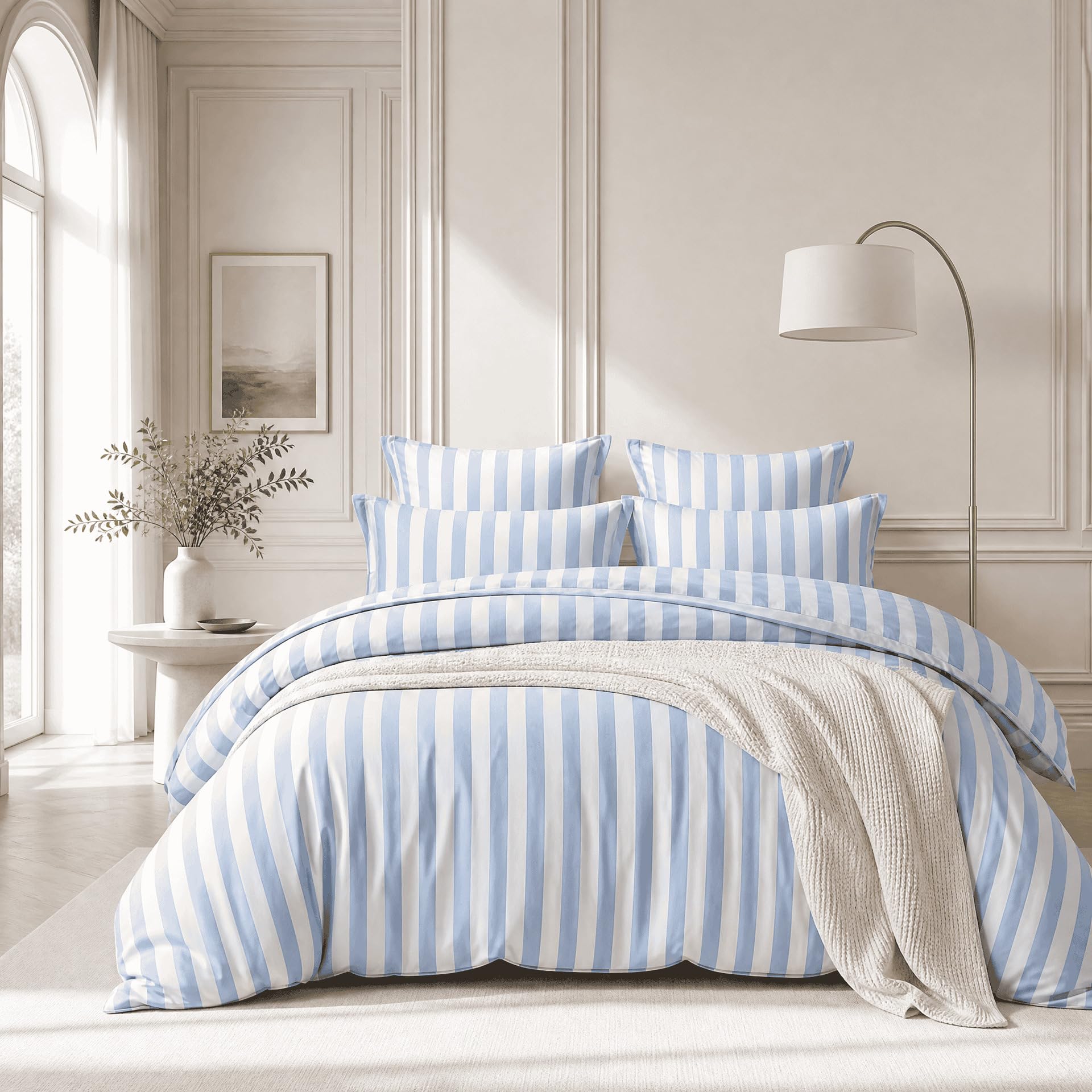 WPSJT017 - Set copripiumino in cotone, 3 pezzi, con strisce verticali blu e 2 federe per cuscino, unisex, moderno, decorazione per camera da letto, senza inserto, WPSJT017