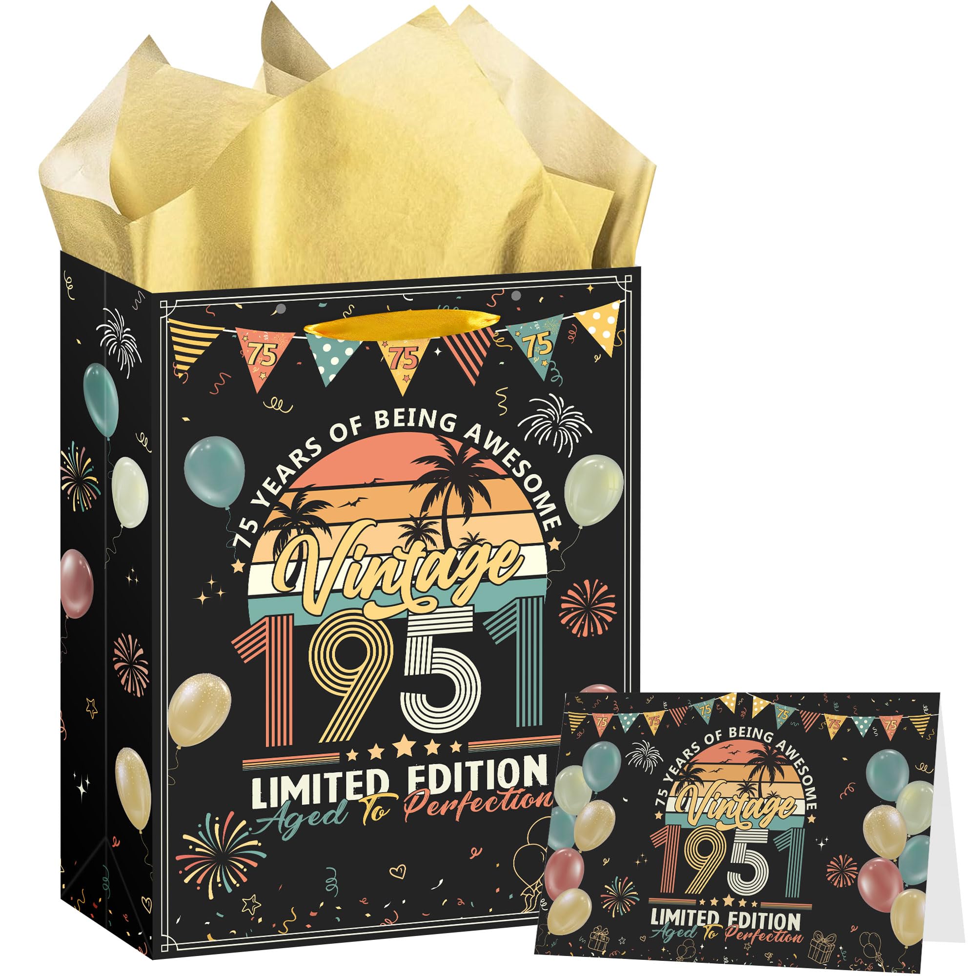 75th Birthday Gift Bag with Greeting Card and Tissue Paper, 1951 Rainbow Birthday Presents for Dad, Grandad, Husband, or Friend, Perfect for Any 75th Celebration