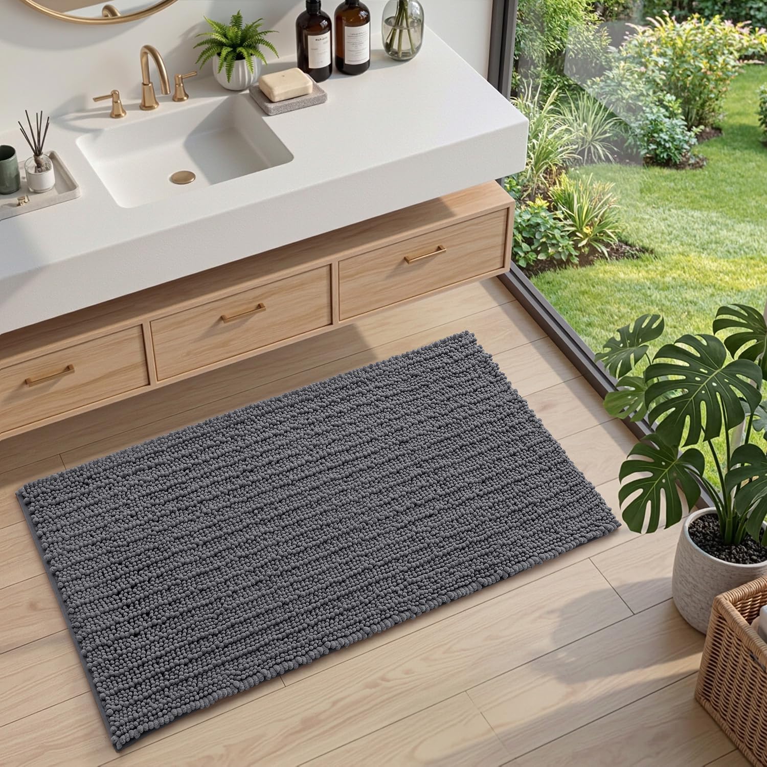 DEXI Tapis de Bain en Chenille 60 x 90 cm, Épais et Absorbant, Gris