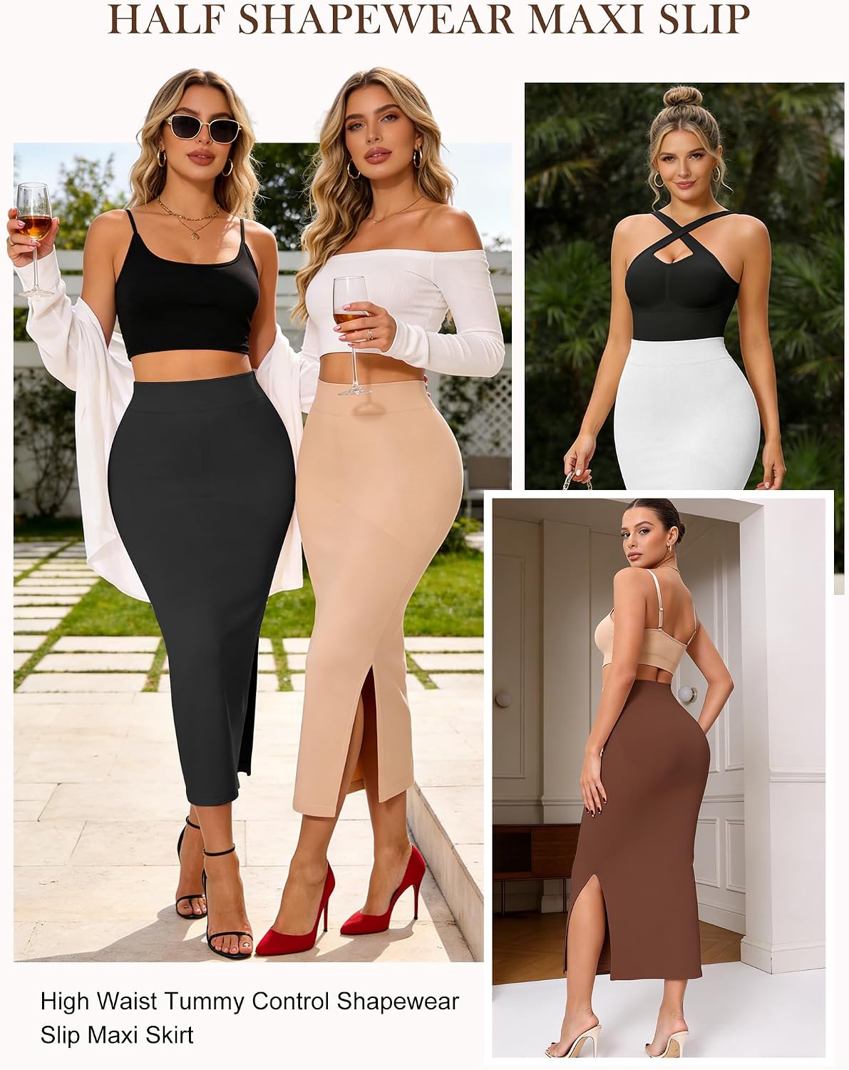 Half Shapewear Slip for Women Tummy Control Maxi Skirt | High Waist Shapewear Long Slip Skirt with Side Slit & Removable Drawstring