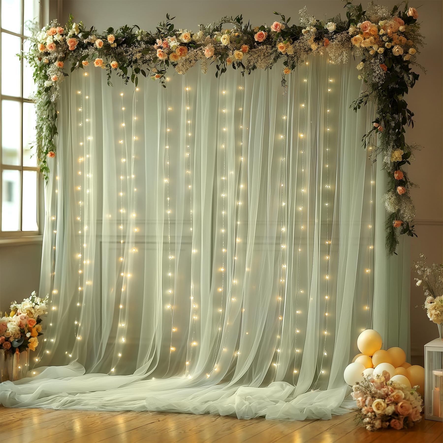 View 1 of 10x10FT Green Wrinkle Free Backdrop Curtains with Lights String for Parties - Photo Curtain Backdrop with Lights for Wedding Decorations, Bridal Baby Shower Birthday Party Photography Background