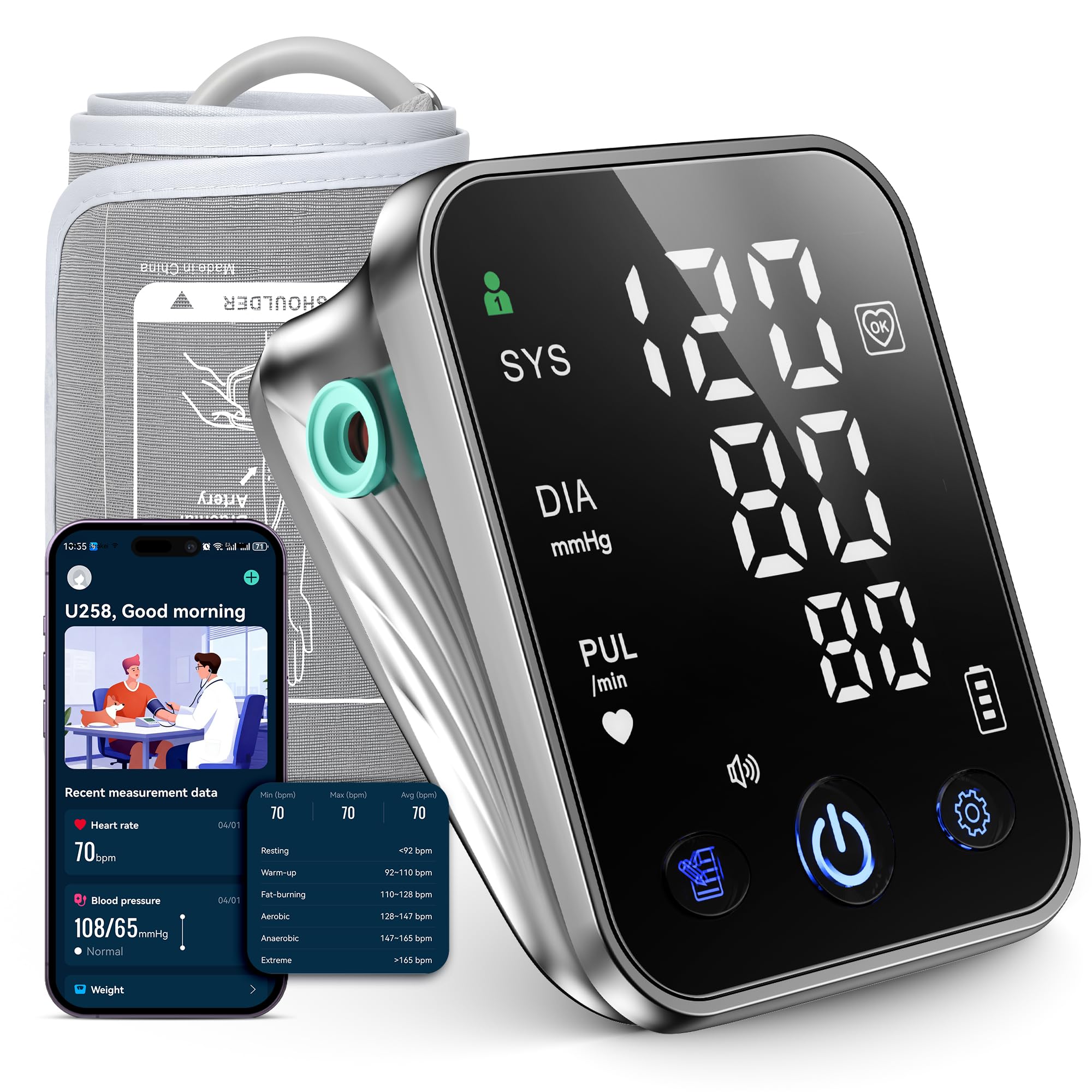 Runstar Tensiometro de brazo para con gran pantalla LED de 5 pulgadas y 3 colores | Memoria para 2 x 99 lecturas | Salida de voz | Tamaño del brazalete: 22–44 cm | Aplicación para iOS y Android