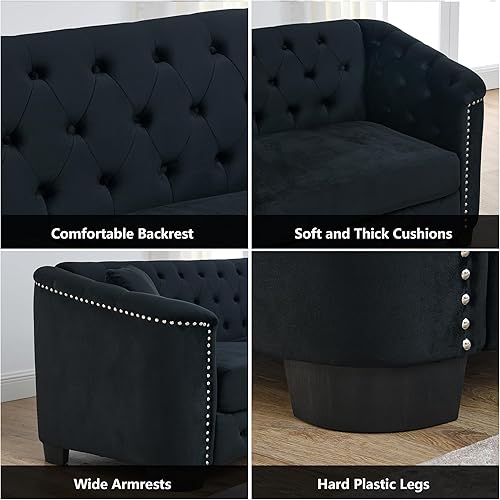 Miniatura 4 de mikibama Moderno sofá Chesterfield de terciopelo, sofá modular de 77 pulgadas, sofá tapizado de lujo de 3 plazas con brazos de cabeza de clavo y 2