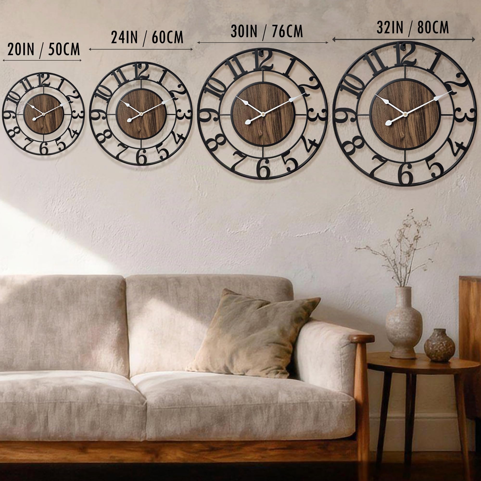 Große Wanduhr 50cm Durchmesser Vintage Design Schwarz Metall Dekorative Ohne Tickgeräusche Moderne Holz Wanduhr für Wohnzimmer, Landhaus, Schlafzimmer, Kamin, Küche, Büro & Wohnaccessoire