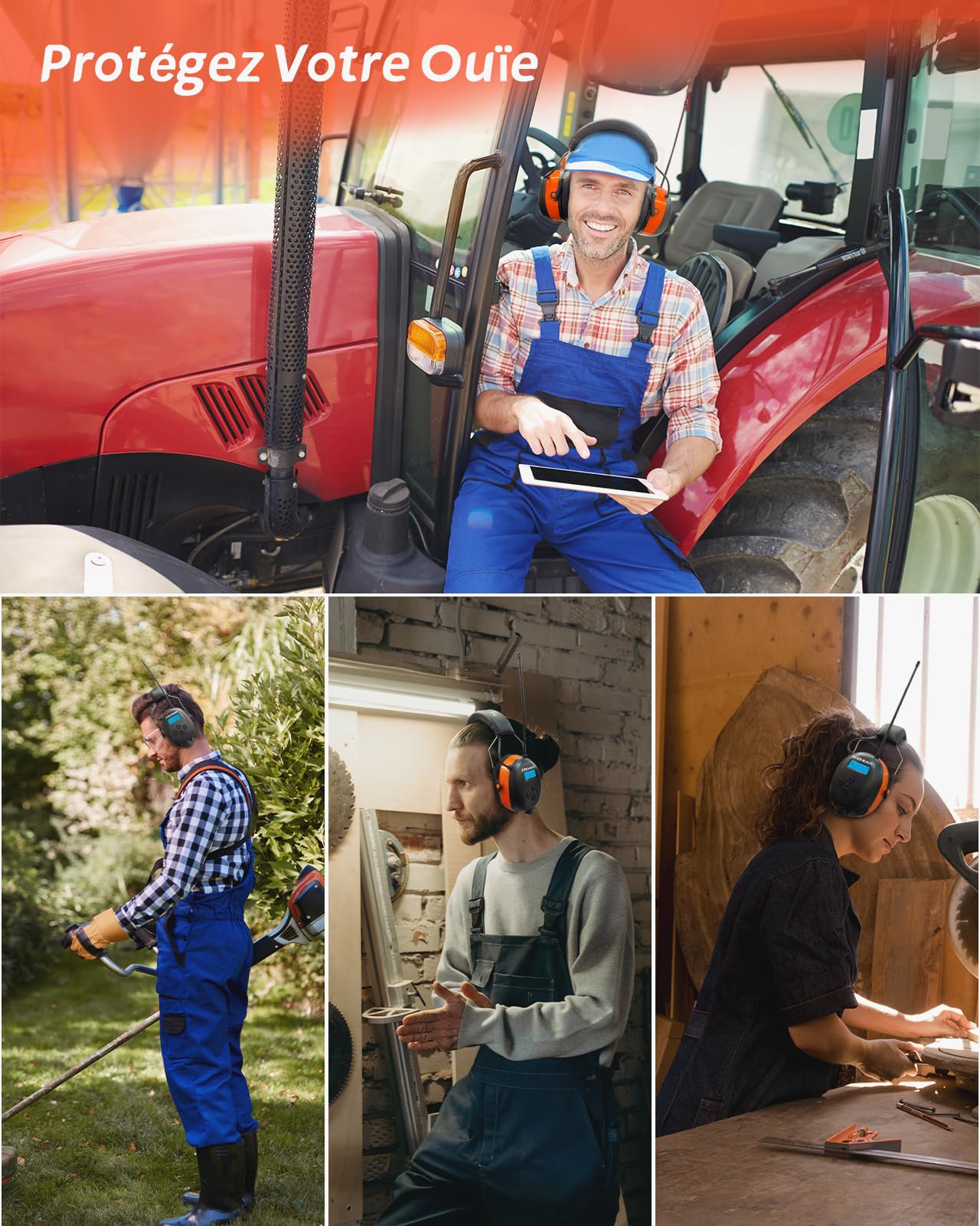 PROHEAR 033A Casque Anti Bruit Radio, DAB+/FM Radio et Bluetooth sans fil, Protection Auditive Electronique Rechargeable, SNR 31dB/NRR 25dB, Pdéal Pour Chantier, Atelier, Jardin et Tonte, Orange