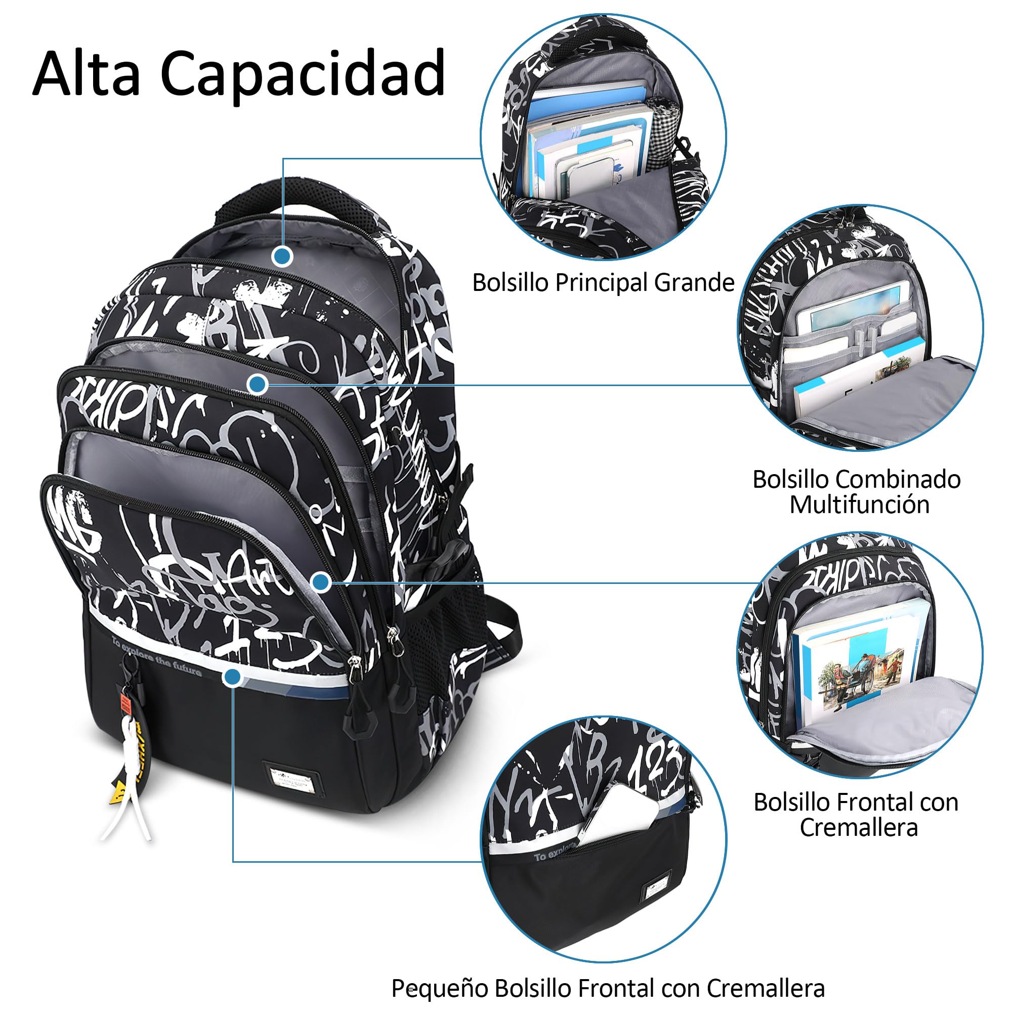VARLIVOO Mochila Escolares Niños Casual Mochilas Estudiantes Ligera Mochila Portátil Hombre 15,6" Adolescentes Bolsa de Escuela Juveniles Bolsas Colegio Viaje Impermeable Poliéster Daypack Grafiti B