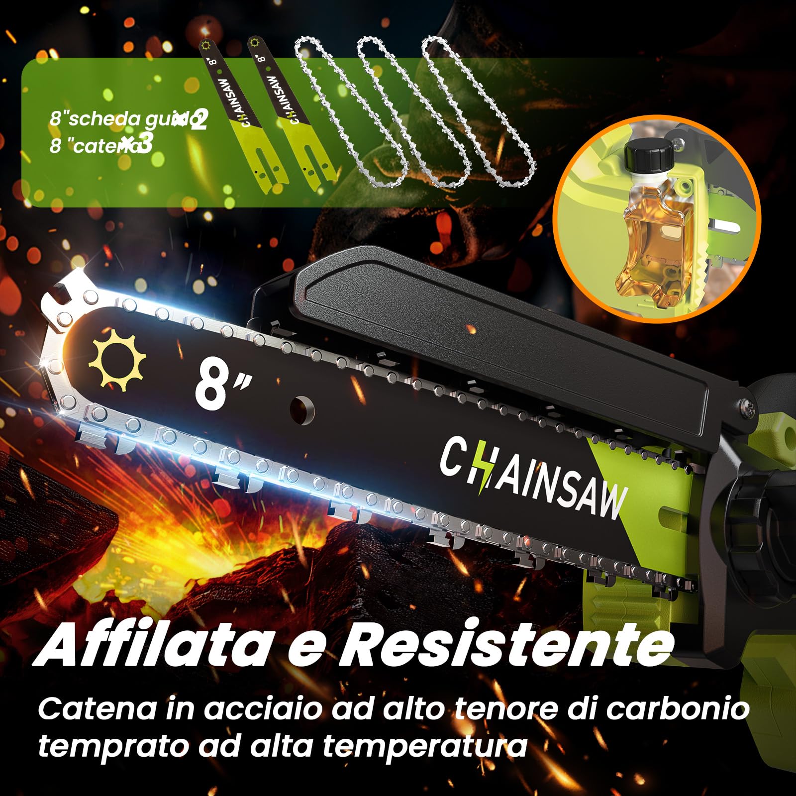 Mini Motosega a Batteria 8 Pollici, 1300W Brushless Motosega Elettrica, 2 x 2000mAh Sega a Batteria per Potatura con Pompetta Olio e Catena di Ricambio, Potatura per il Taglio del Legno Giardini