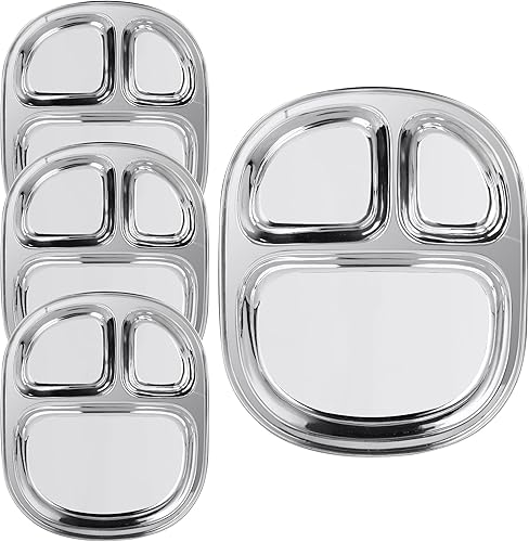 Miniatura 7 de Platos de compartimento de acero inoxidable, platos llanos ovalados divididos 3 en 1, plato de almuerzo de desayuno Indian Thali, bandejas de