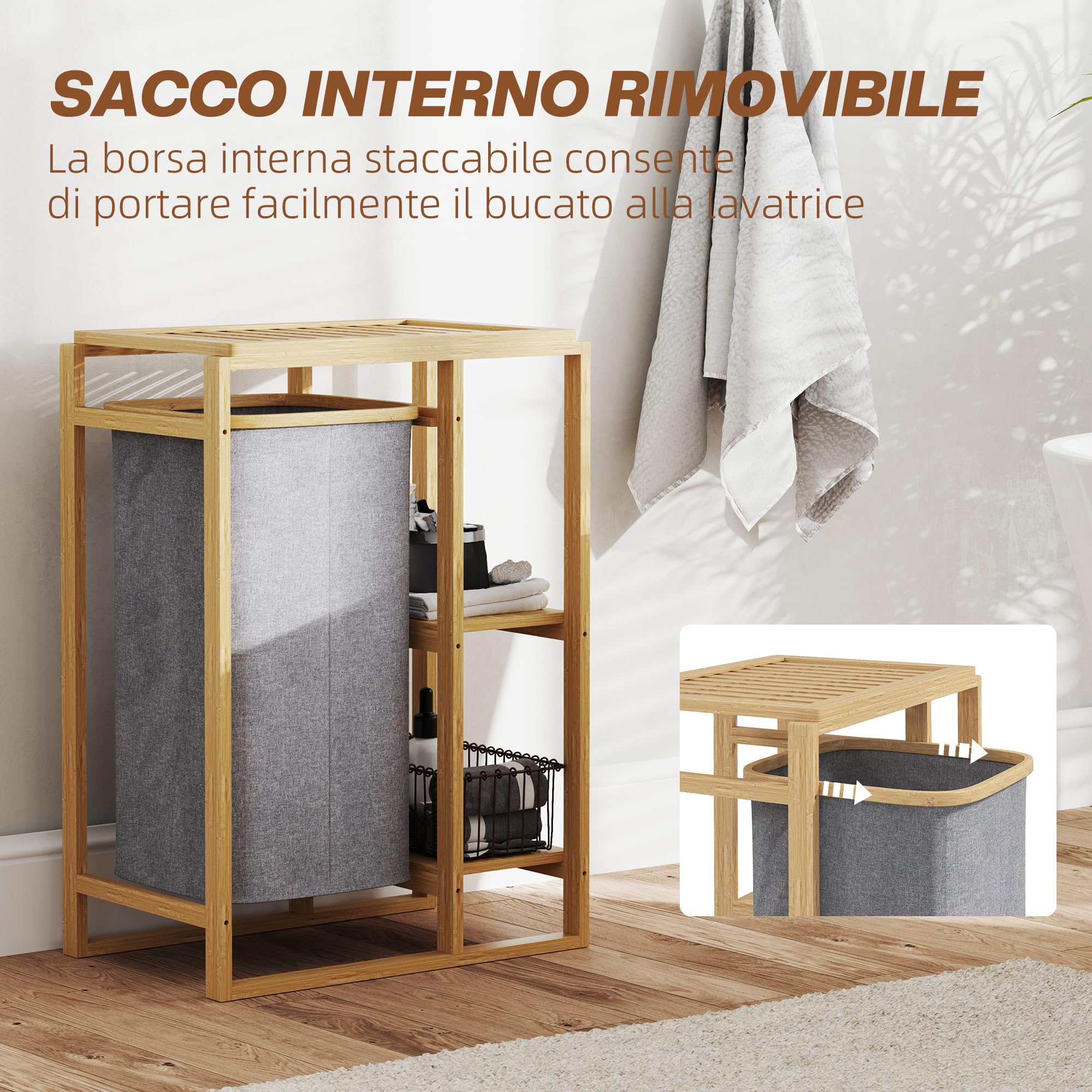 HOMCOM Cesto Portabiancheria con Borsa Estraibile 50x32x70 cm Grigio