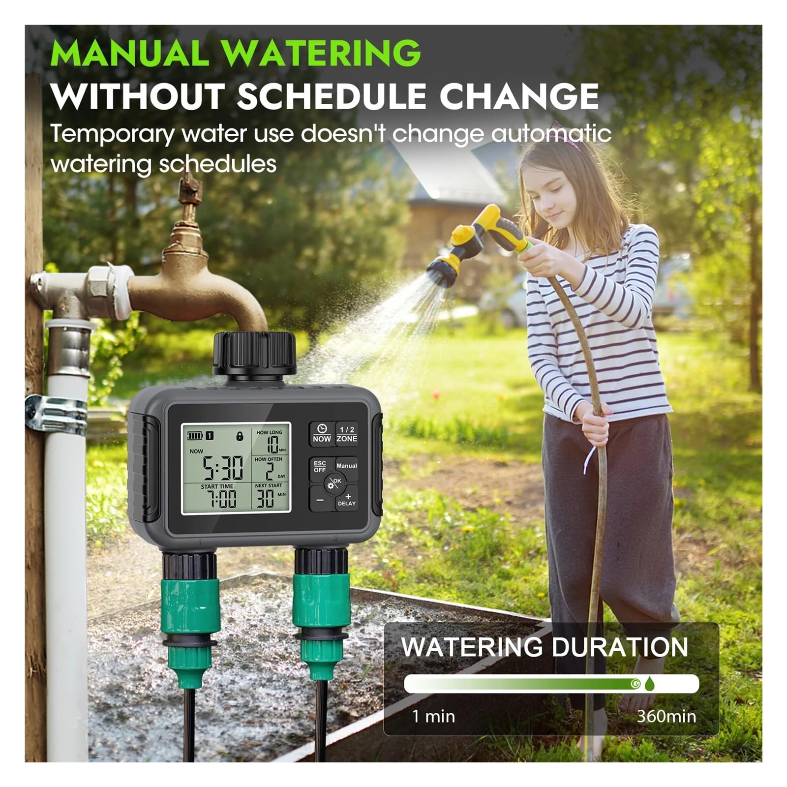 Temporizador de aspersor de 2 zonas programable IPX5 riego de jardín | Temporizador programable for sistemas de riego por goteo y césped.(G thread)