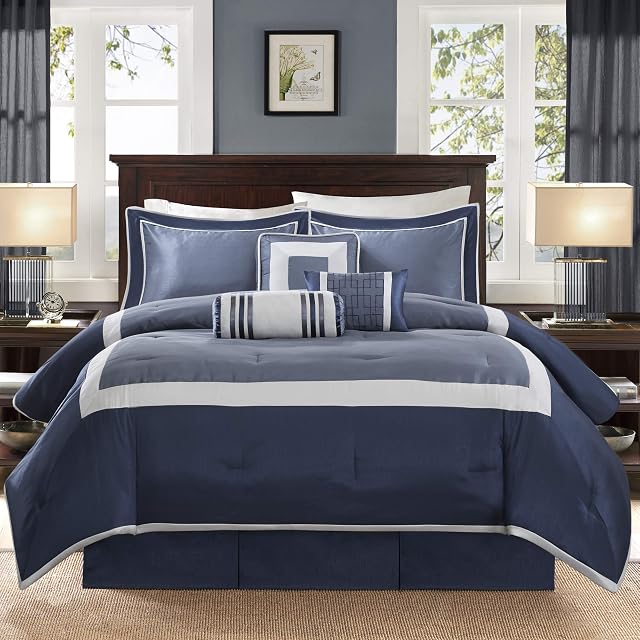 Madison Park Madison Park Deluxe Hotel Style Comforter Set, 7PC King Bedding Set | All Season Down Alternative Luxury Bedding with Comforter, Shams, Bed Skirt, Decorative Pillows, Navy, King(104"x92"), Navy
