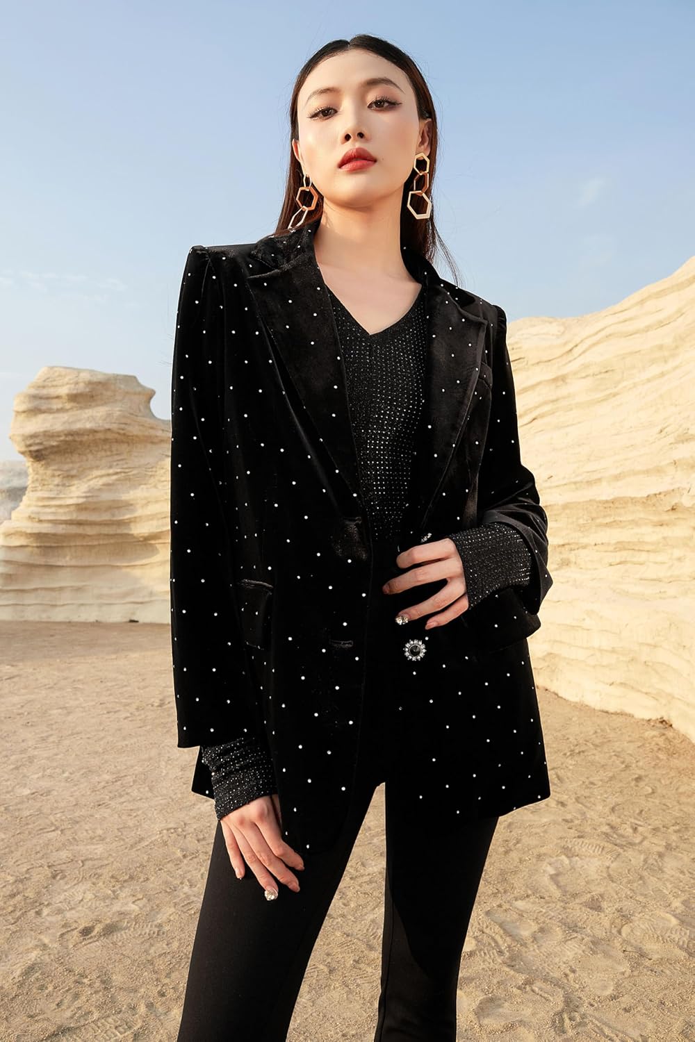 Women's Velvet Diamonds Jacket Business Suit Coat Two Buttons Notch Lapel Casual Blazer Homecoming Office