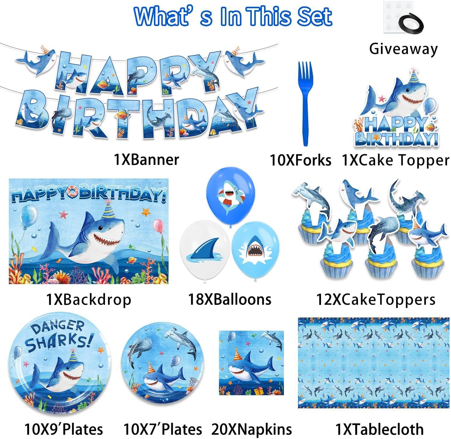 Shark Birthday Party Decorations, Shark Party Supplies with Birthday Banner, Backdrop, Tablecloth, Balloons, Plates, Napkins, Forks, Cake Topper, Cupcake Toppers