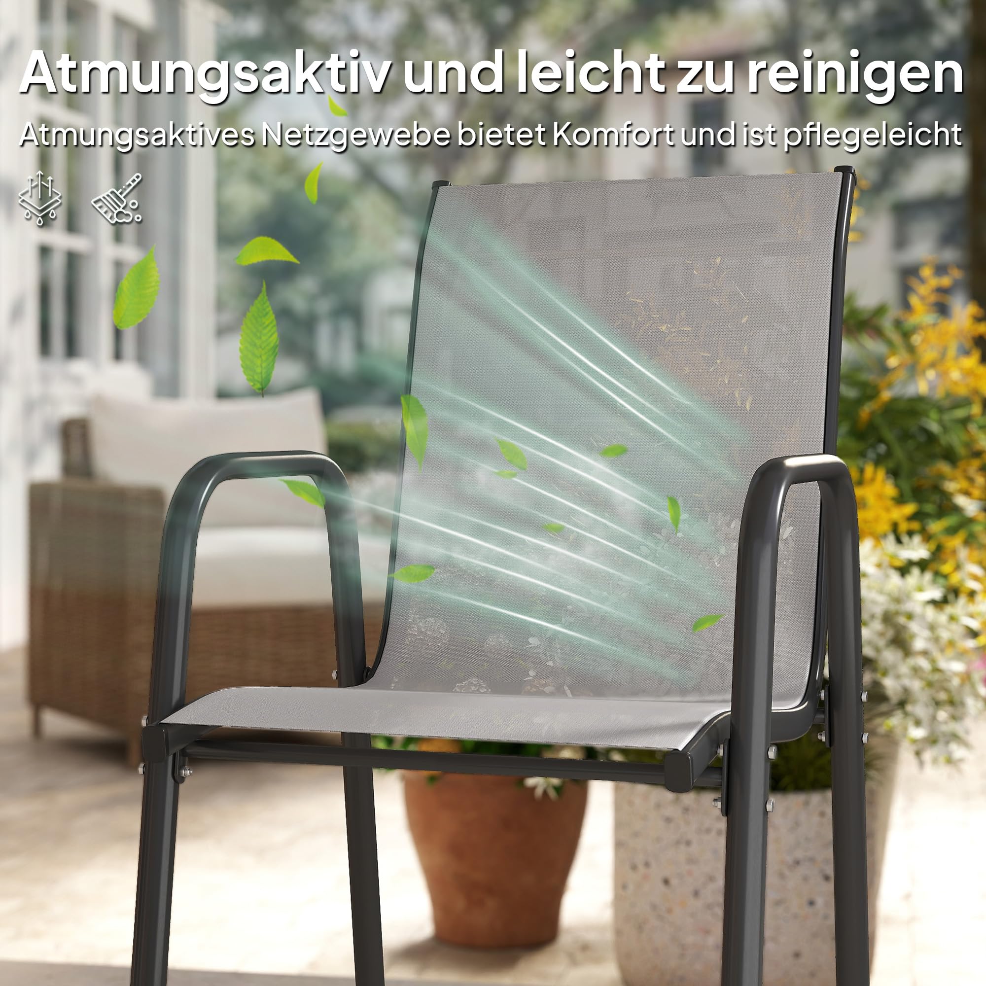 Outsunny Gartenstühle 4er Set Stapelbare Terrassenstühle mit Atmungsaktive Rücken, Armlehnen, wetterfest Balkonstühle 120 kg Belastbar Stapelstühle für Garten Balkon Terrasse 51 x 69 x 87 cm Hellgrau