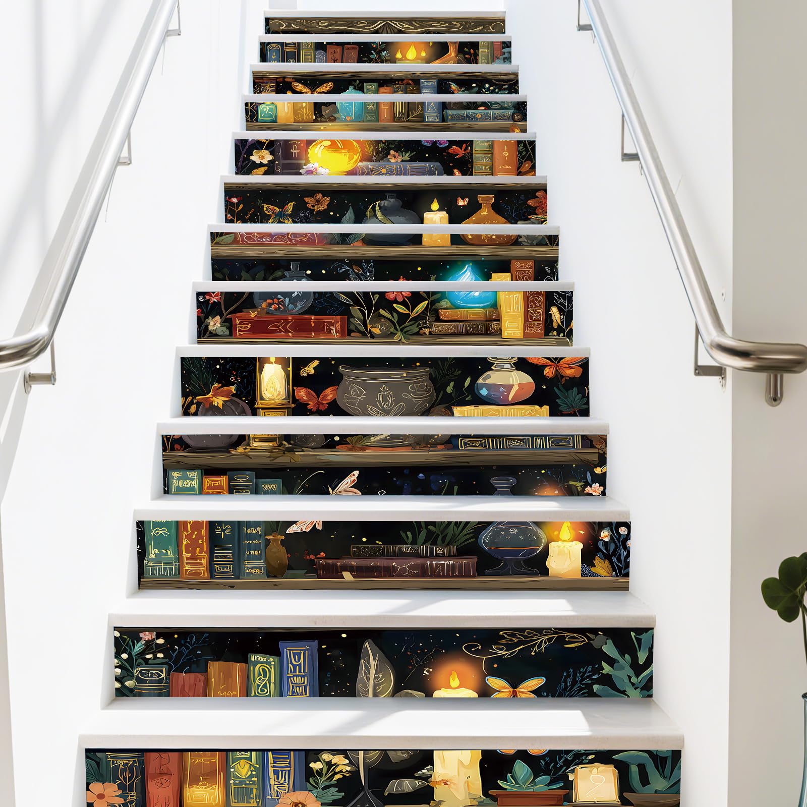 PLIGREAT Magic Bookshelf Stair Risers Decals, 15 Pack Peel and Stick Staircase Stickers Self-Adhesive Creative Art Staircase Murals for Steps DIY Home Hotel Stair Makeover Decor, 18x100cm