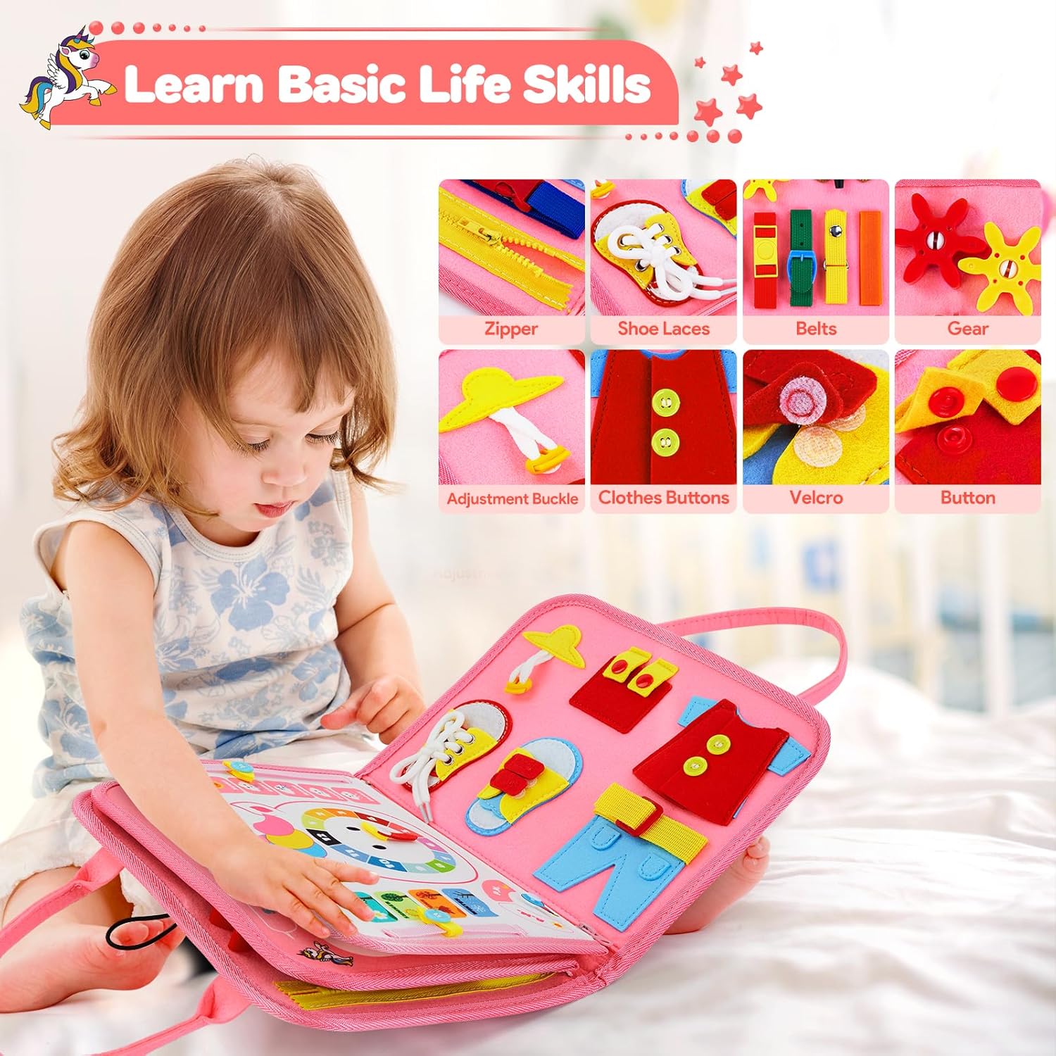 Japace Busy Board for Toddlers, Montessori Toys for 1 2 3 4 Year Olds, Baby Sensory Activity Busy Book Preschoolers Educational Travel Toys for Plane Cars Birthday Gift for Girls - Pink Unicorn 4